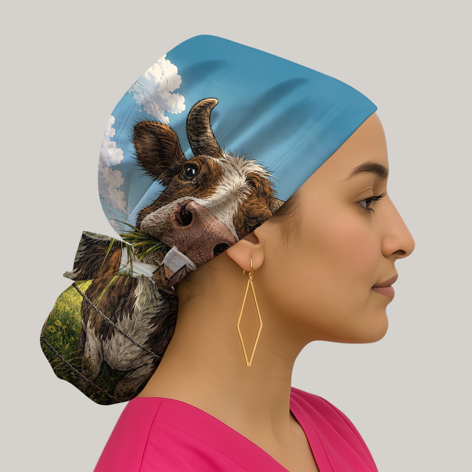 Curious Highland Cow Farm Scene Scrub Cap, Surgical Caps for Doctors