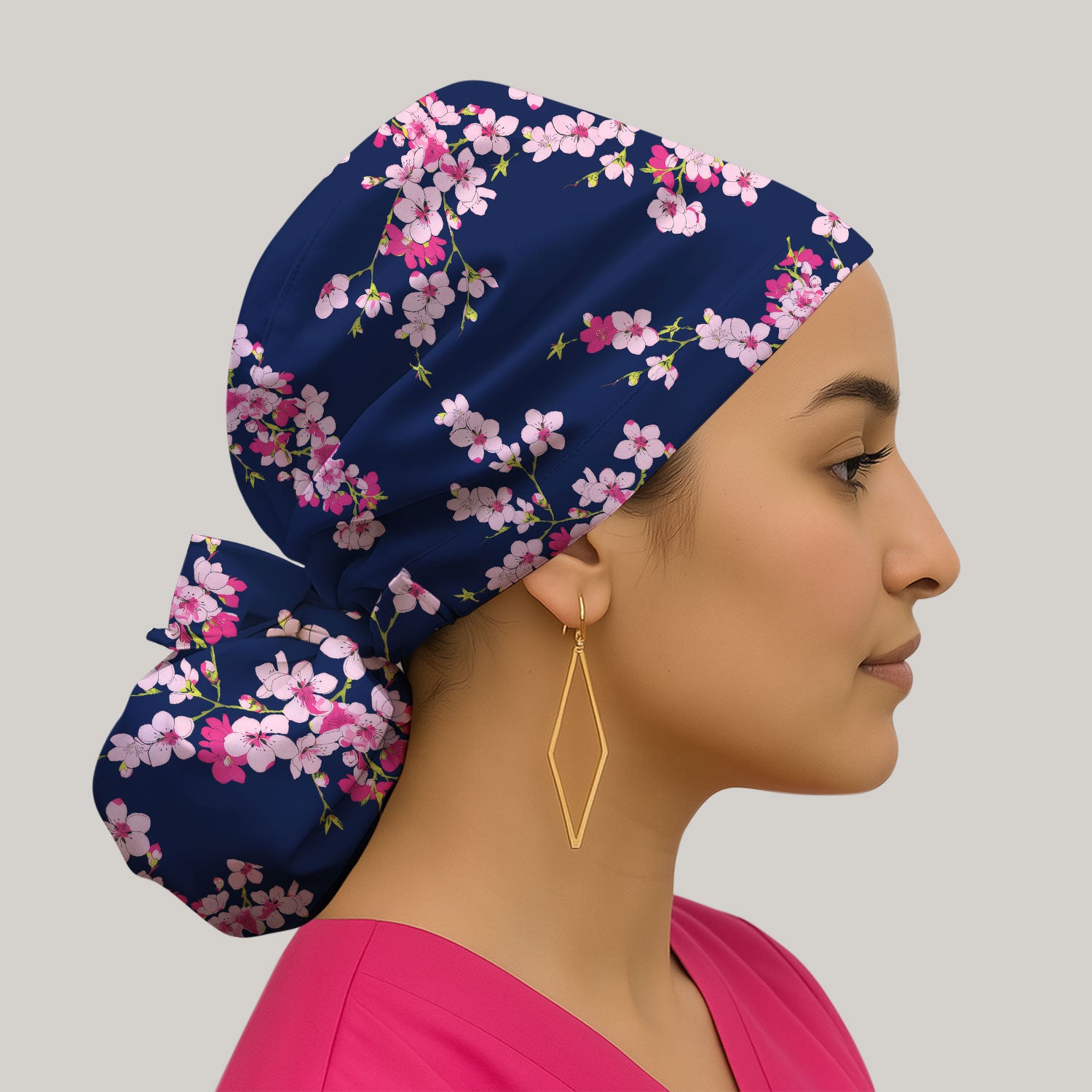 Elegant Cherry Blossom Floral Pattern Bouffant Cap, Scrub Caps for Women