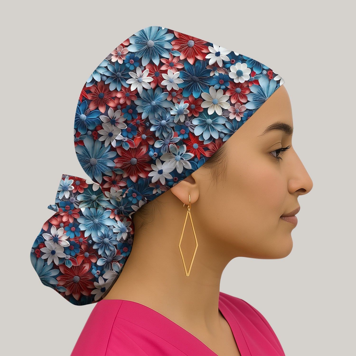 Patriotic 3D Floral Nurse for RN & CNA, Red Blue White Healthcare Workers Uniform Scrub Cap, Surgical Caps for Doctors
