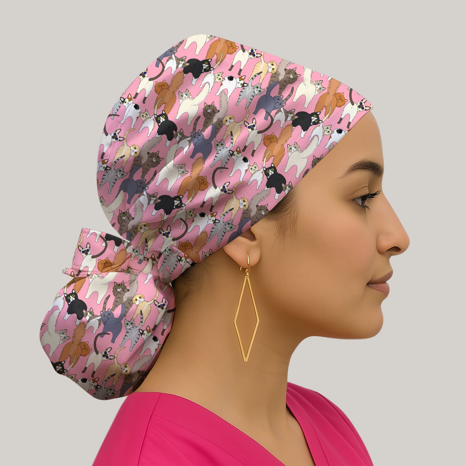 Whimsical Multicolor Cat Cartoon Pattern Cap, Bouffant Scrub Caps for Women