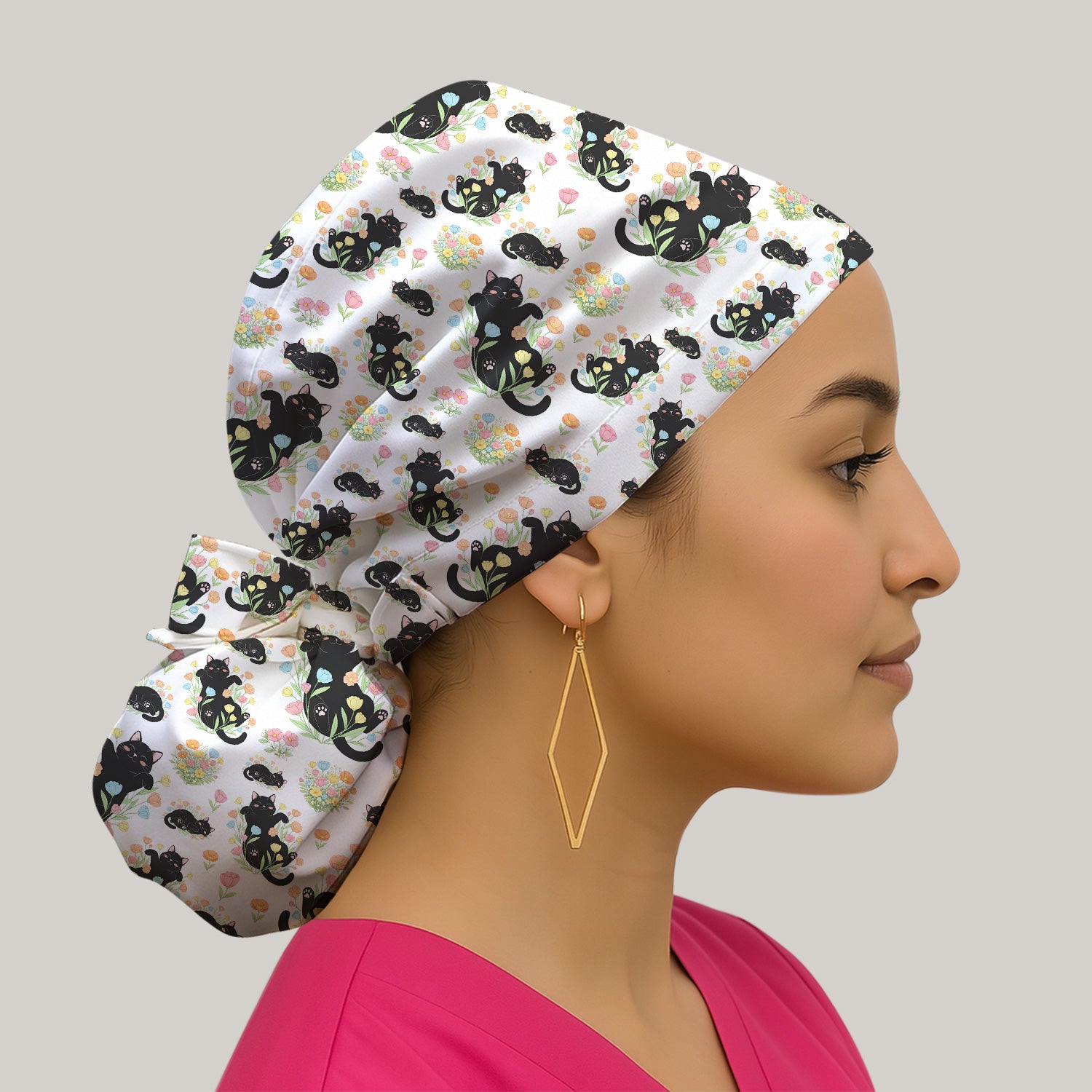 Cats With Cute Poses Floral Pattern Caps, Bouffant Scrub Caps for Women