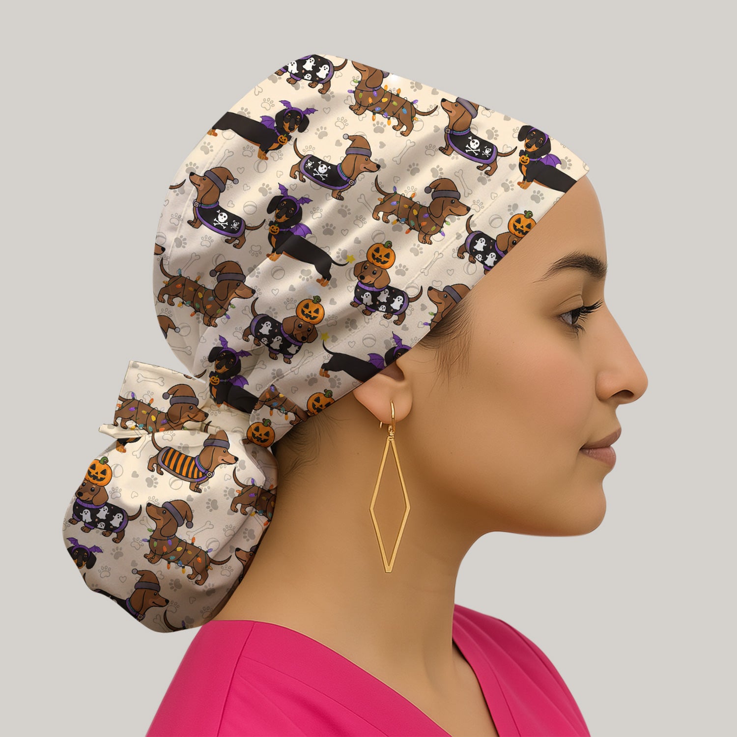 Halloween Dachshund with Pumpkin Ghost Print Scrub Cap, Surgical Caps for Doctors