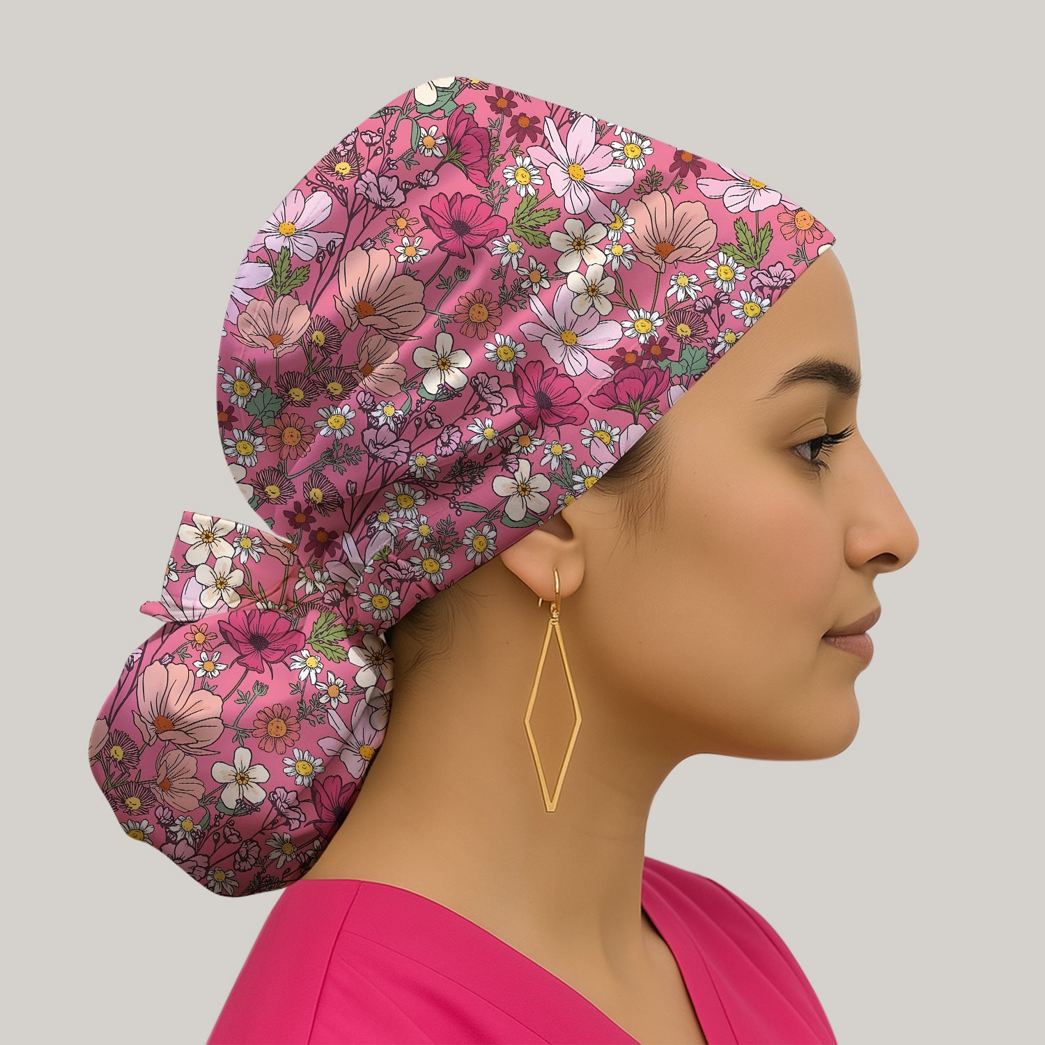 Pink Daisy Wildflower Nurse Pattern Scrub Cap, Surgical Caps for Doctors