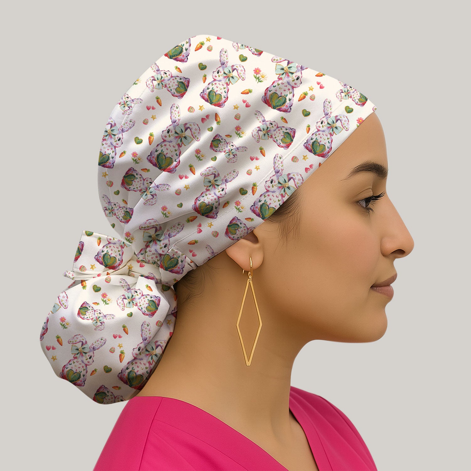 Cute Pastel Bunny Easter Pattern Cap, Bouffant Scrub Caps for Women