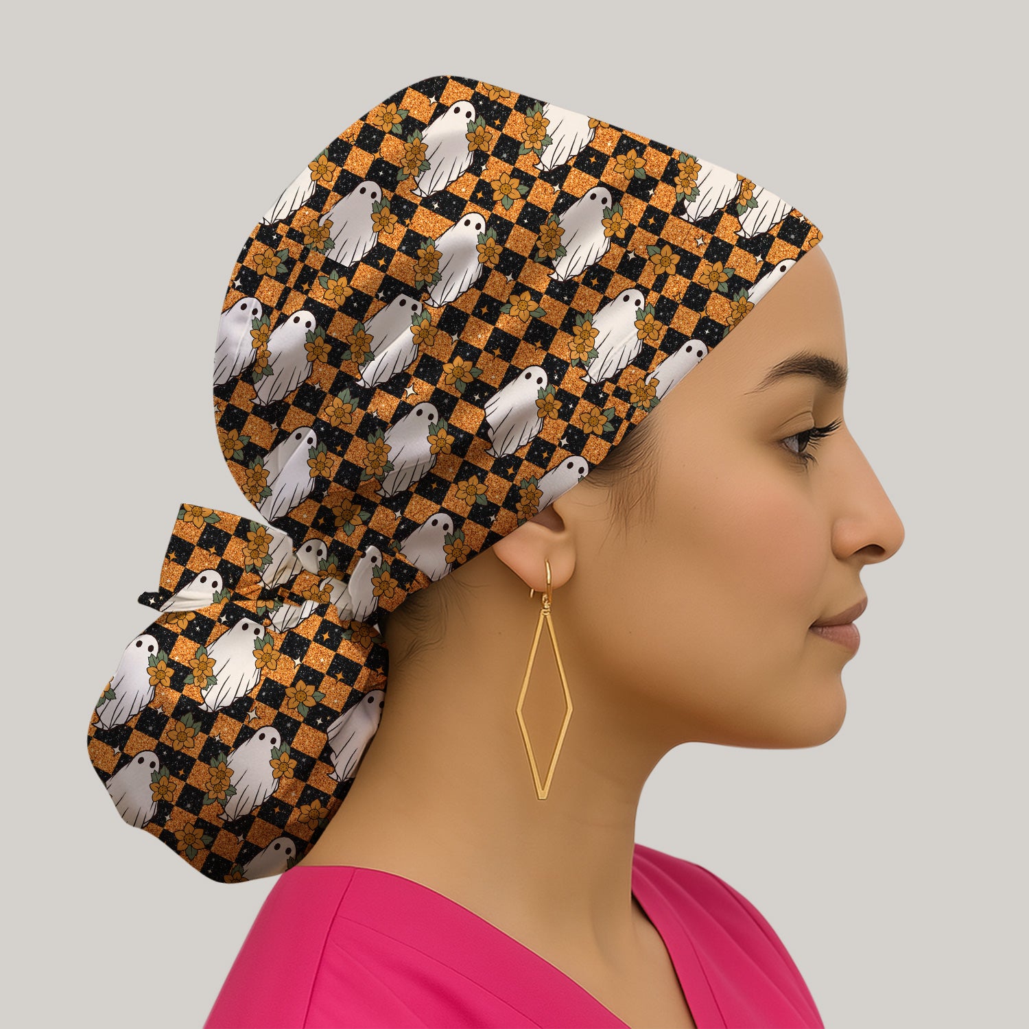 Spooky Halloween Ghost Checkerboard Scrub Cap, Surgical Caps for Doctors