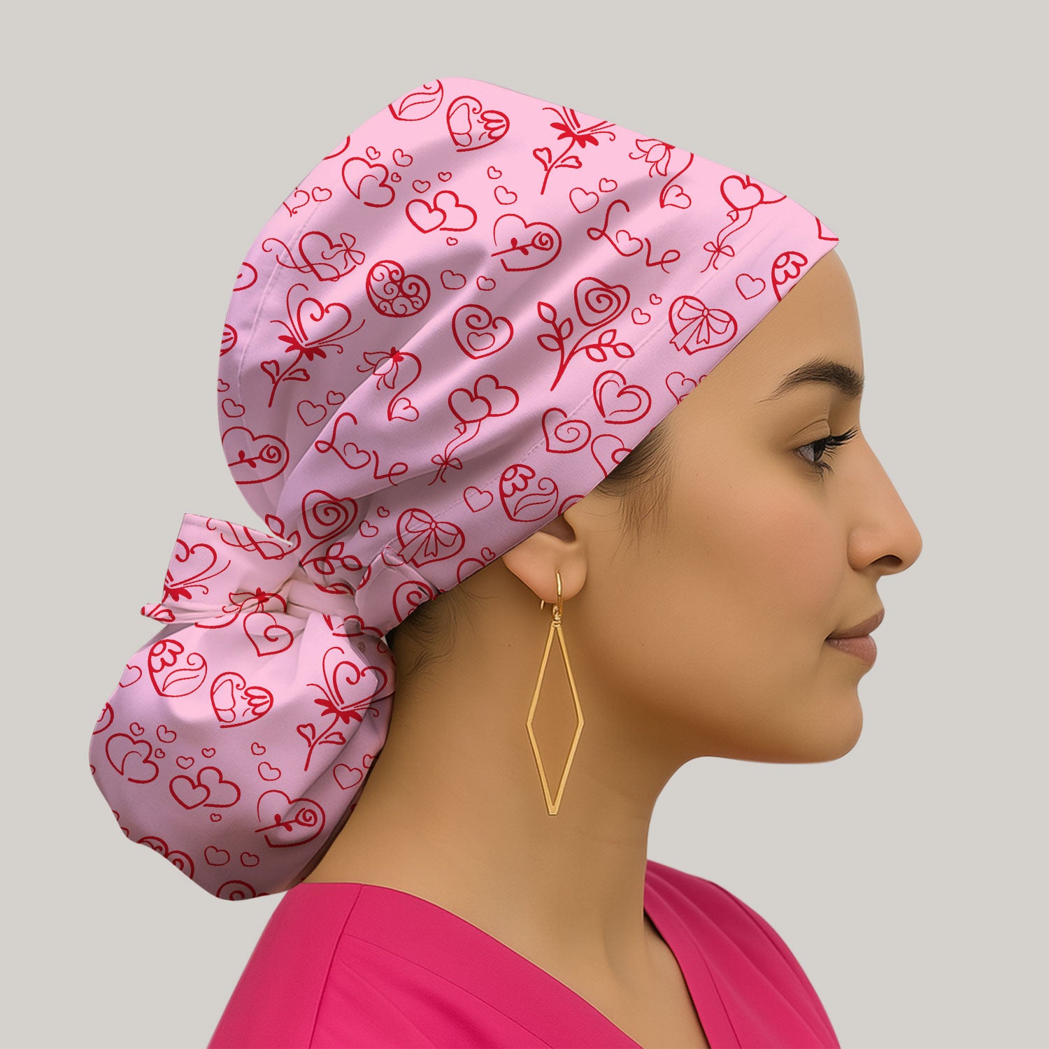 Cute Valentine Heart Scrub Cap, Artistic Heart Pink Love Line Art Pattern Nurse Hat, Comfortable Scrubs For Nursing