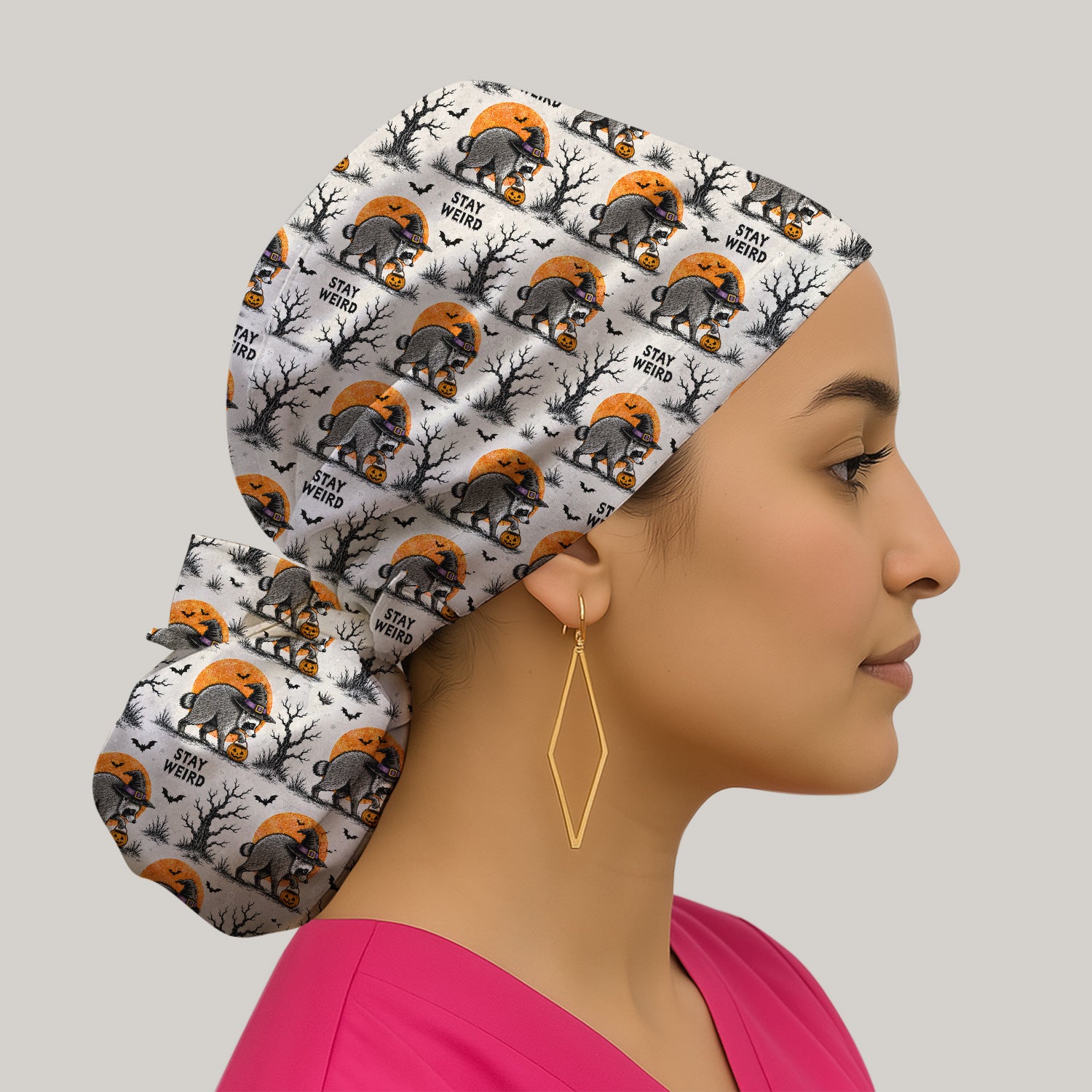 Funny Stay Weird Halloween Raccoon Scrub Cap, Surgical Caps for Doctors