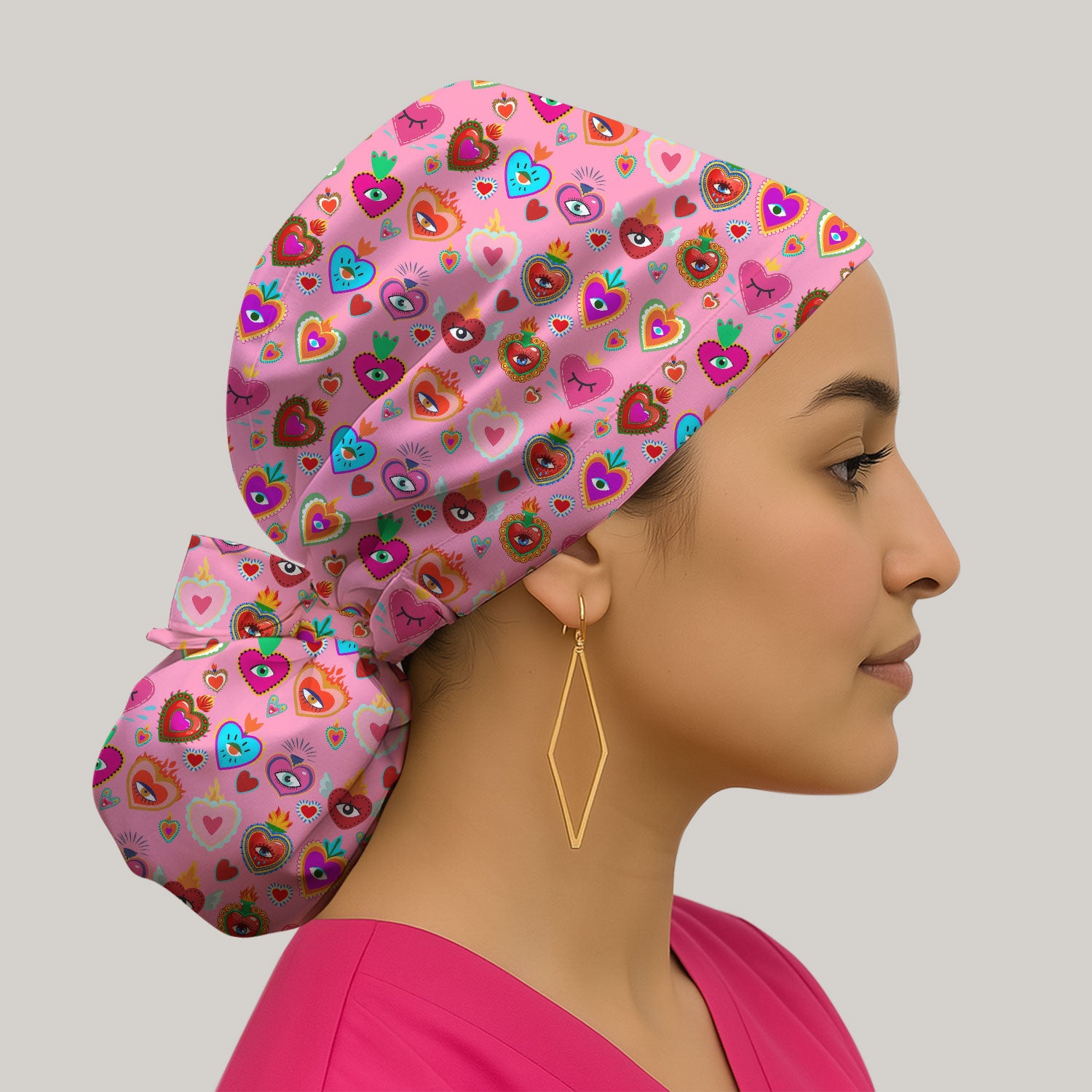 Valentine Colorful Sacred Heart Print Cap, Bouffant Scrub Caps for Women