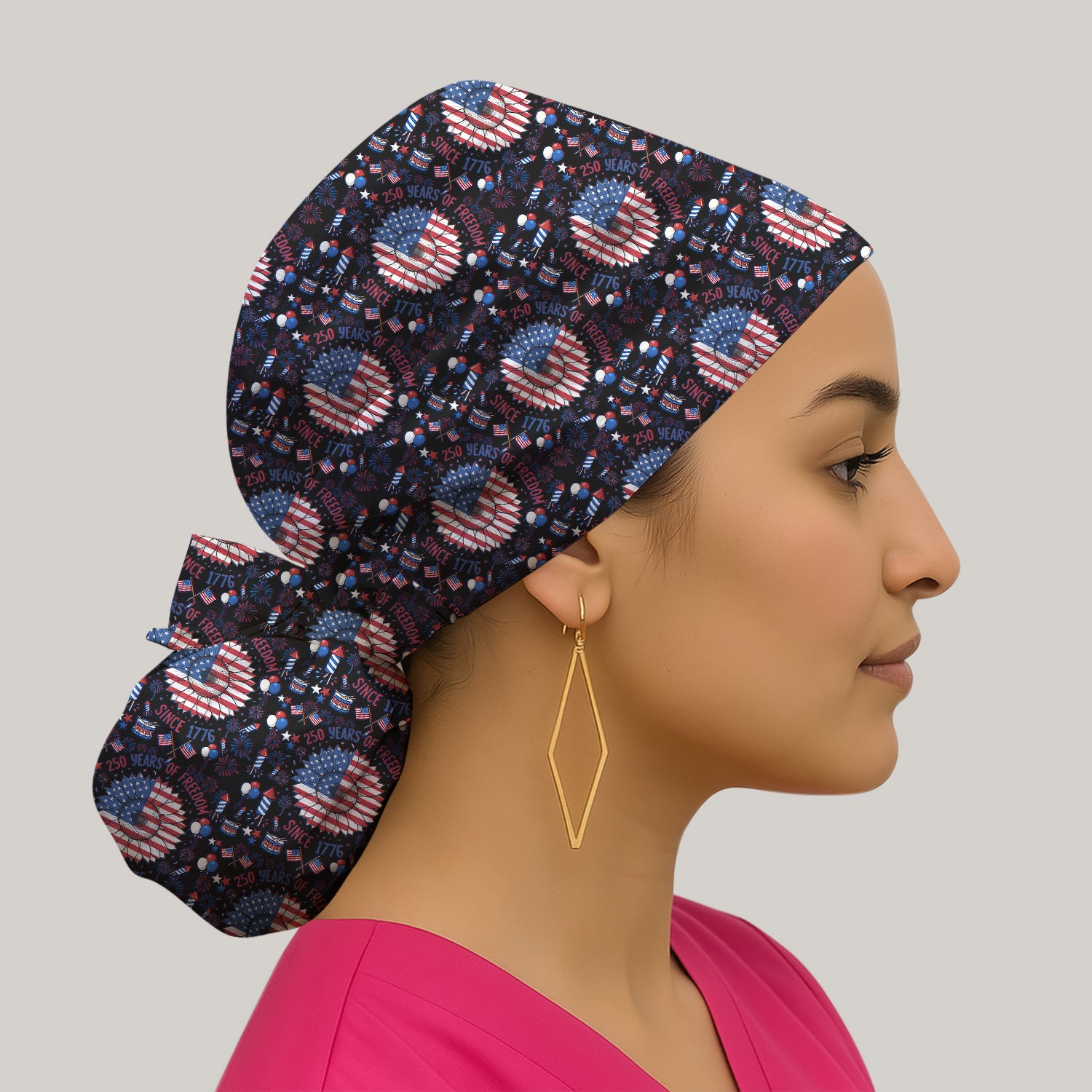 Festive Patriotic Sunflower American Flag Fireworks Pattern Scrub Cap, Surgical Caps for Doctors