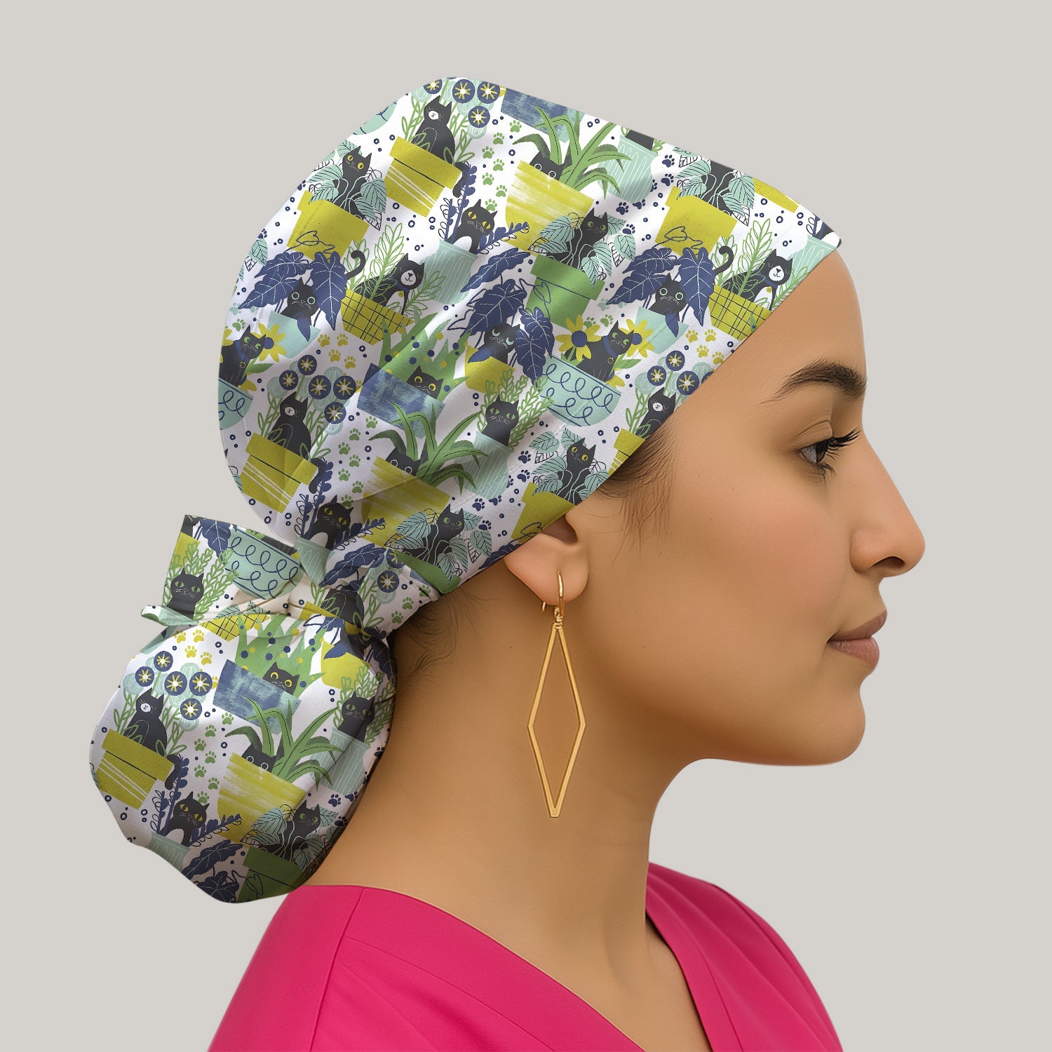 Black Cat Planter Garden Pattern Scrub Cap, Surgical Caps for Doctors