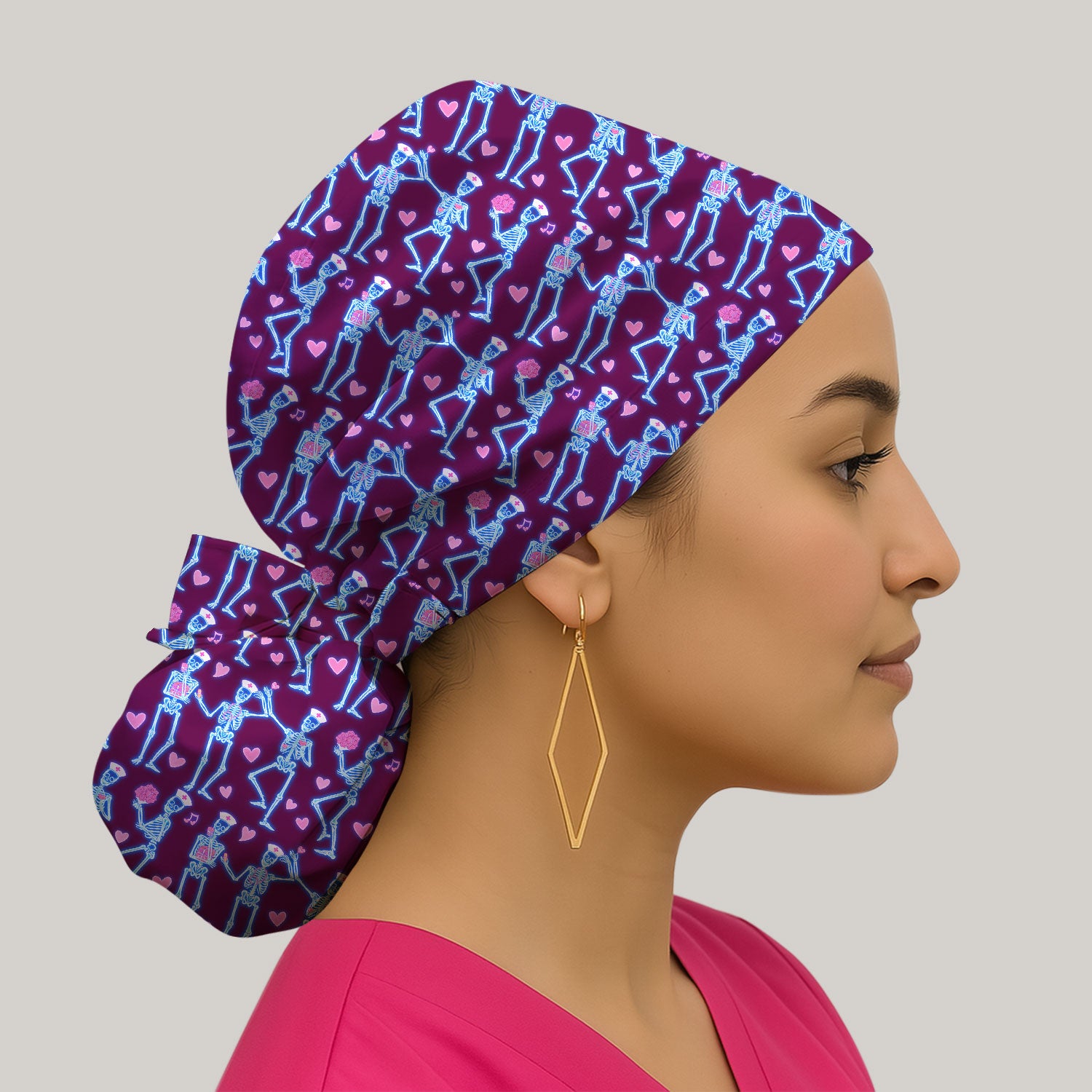 Skeleton Nurse Heart Pattern, Playful Nurse Style, Bouffant Scrub Caps for Women