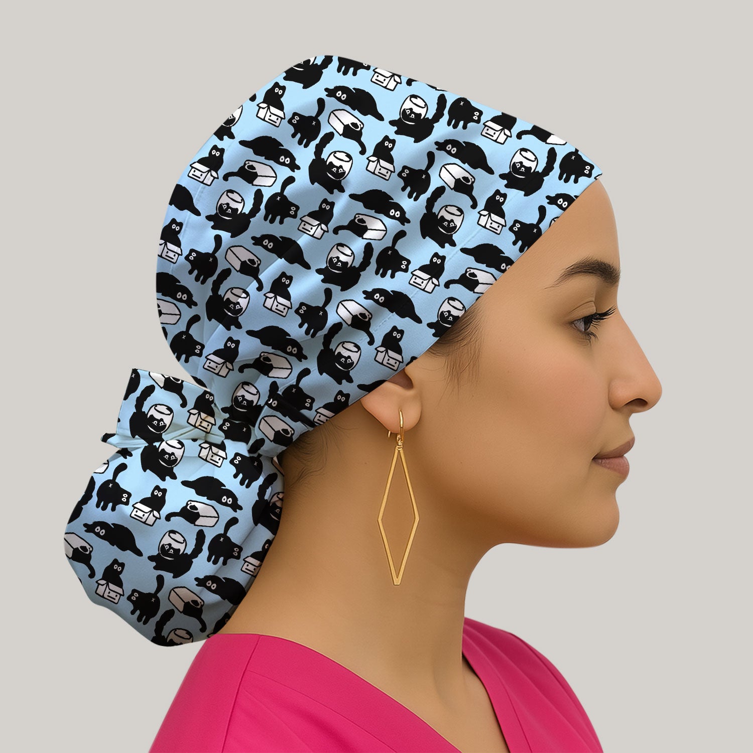 Dark Playful Cat Cartoon Pattern Cap, Bouffant Scrub Caps for Women