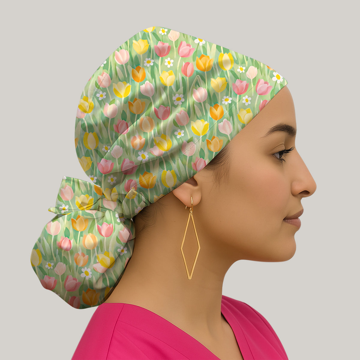 Cheerful Tulip Meadow Print Scrub Cap, Breathable Fabrics Caps Uniform