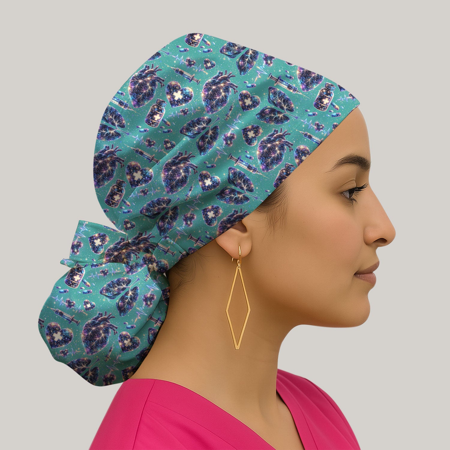 Galaxy Anatomical Heart Lung Syringe Print Cap, Bouffant Scrub Caps for Women
