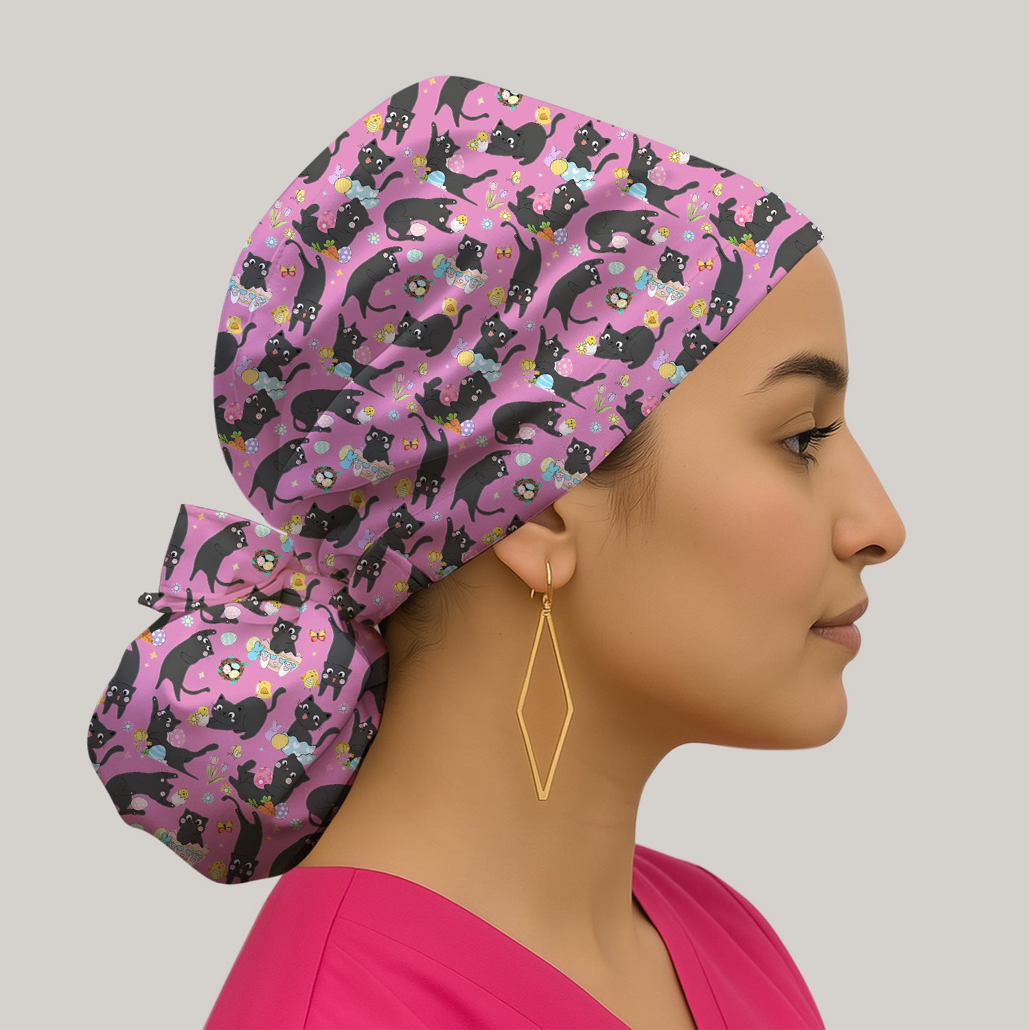 Playful Black Cat Easter Egg Pattern Cap, Bouffant Scrub Caps for Women