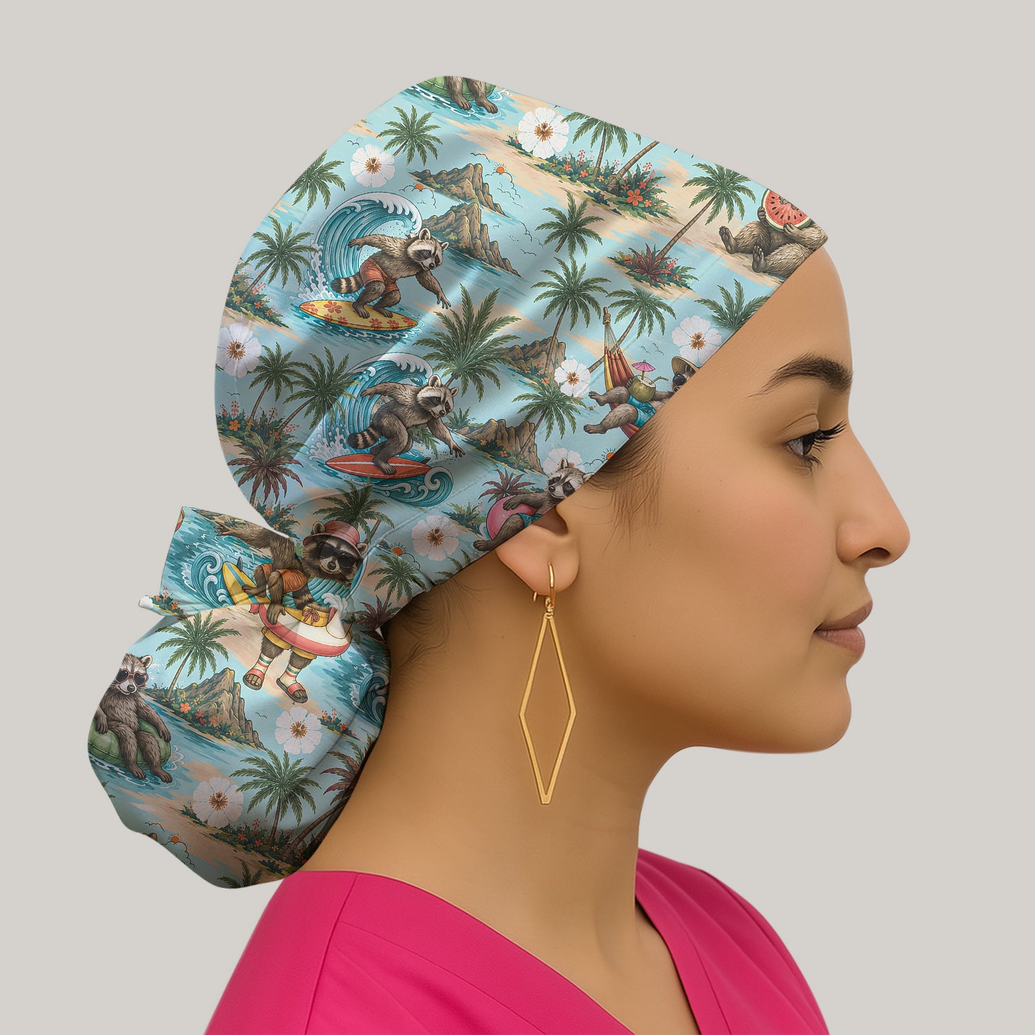 Tropical Raccoon with Surfing Island Beach Print Scrub Cap, Surgical Caps for Doctors