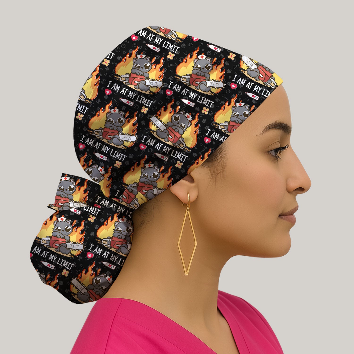 Funny Nurse Cat I Am At My Limit Cap, Bouffant Scrub Caps for Women