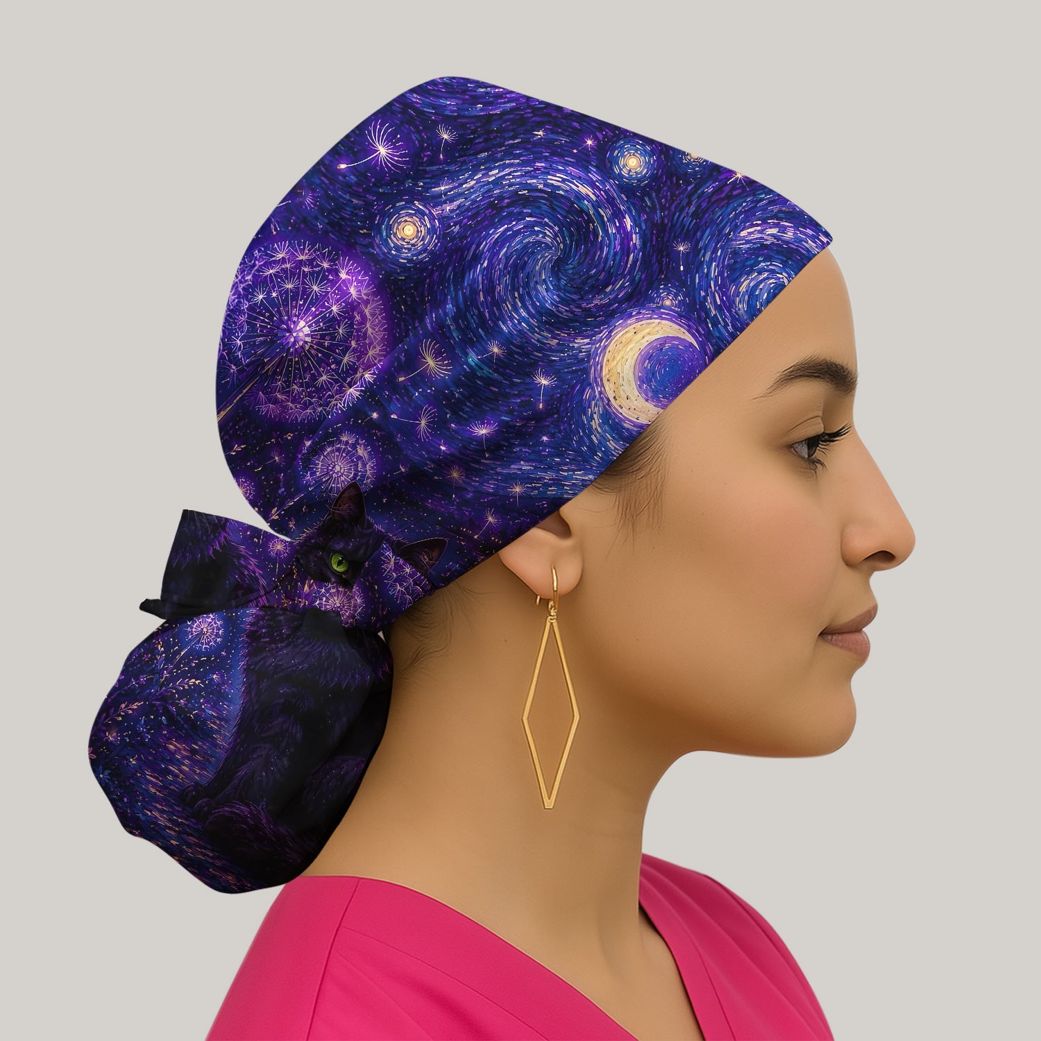 Mystical Black Cat Starry Night Print Scrub Cap, Surgical Caps for Doctors