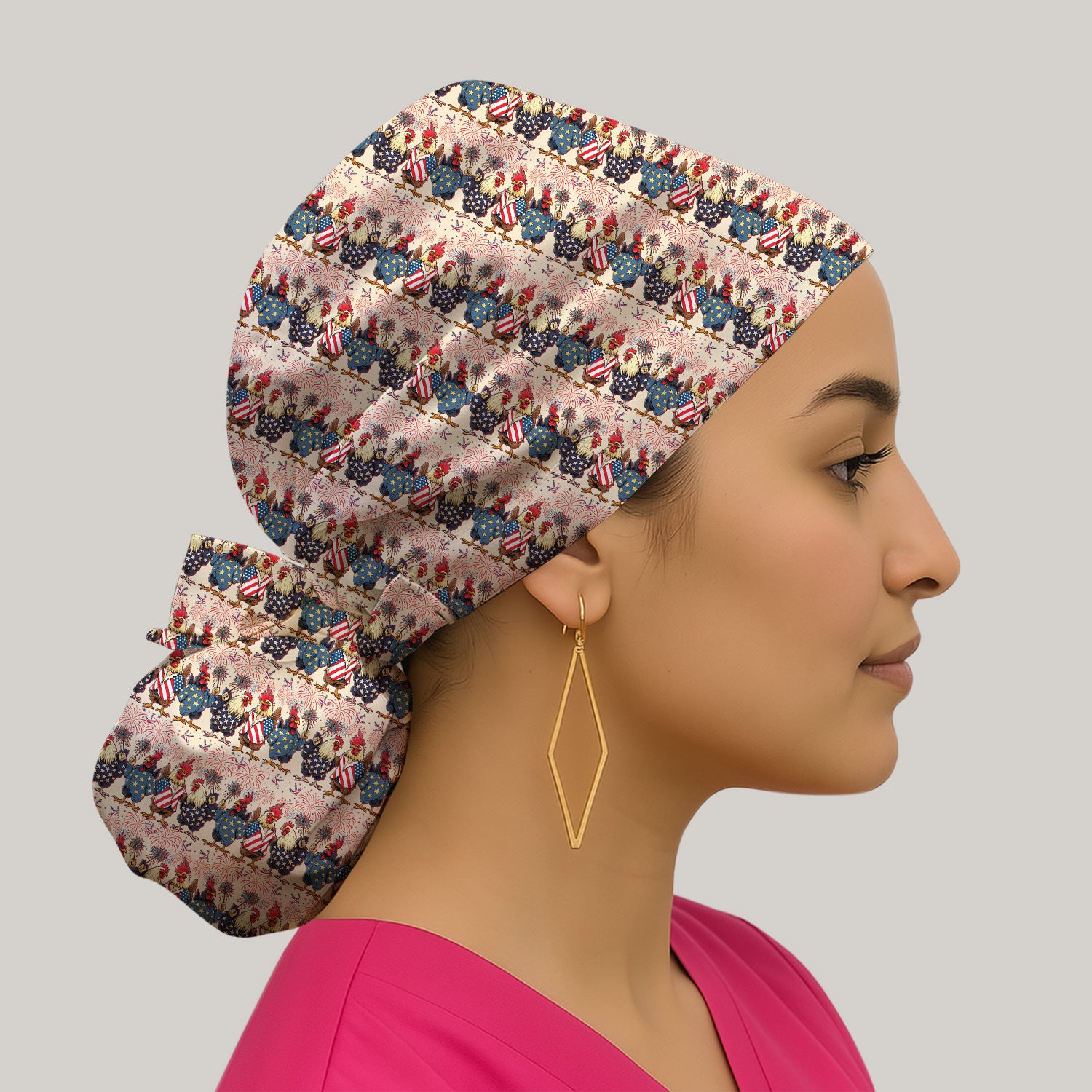Patriotic Rooster Fireworks Pattern Cap, Bouffant Scrub Caps for Women
