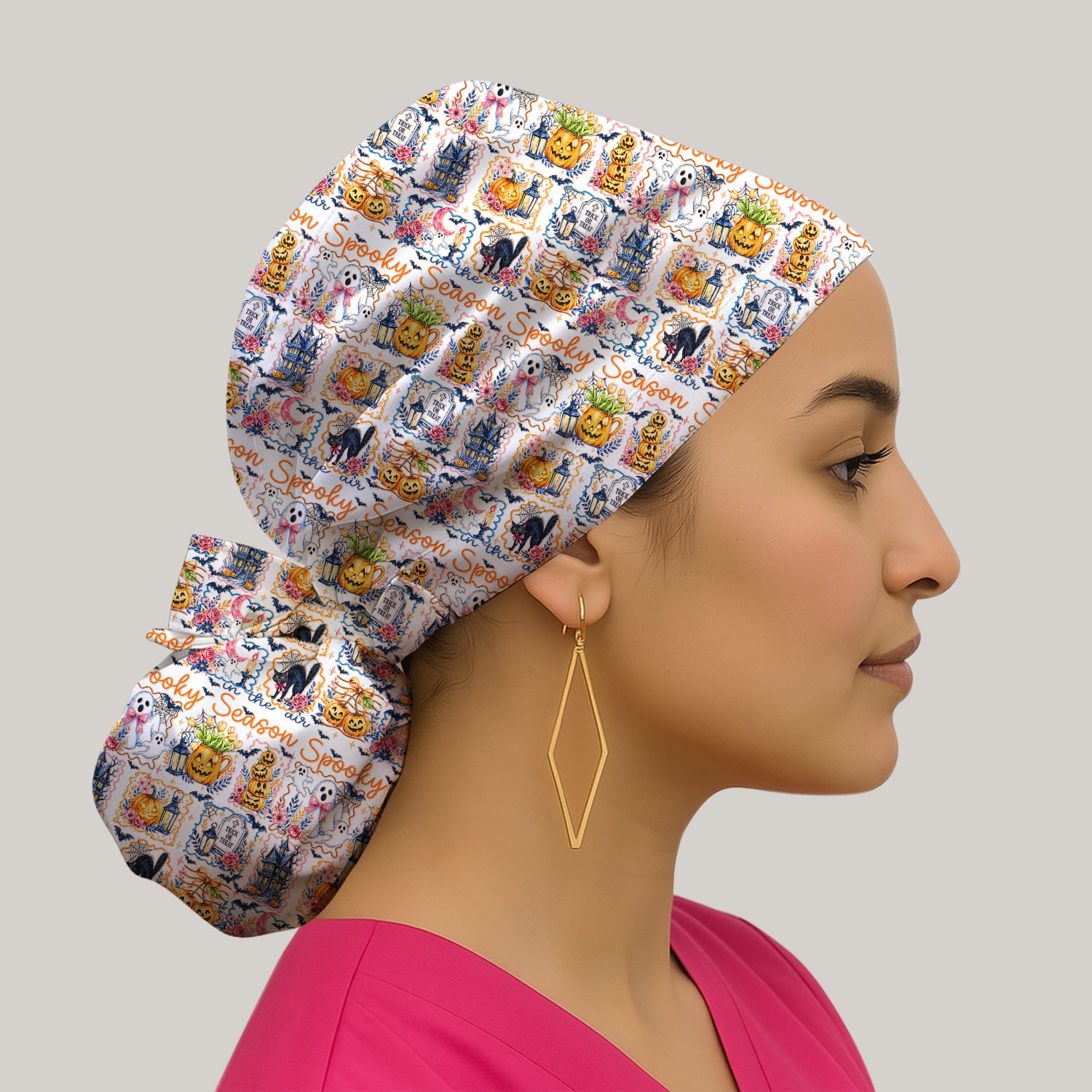 Spooky Halloween Pumpkin Ghost Pattern Scrub Cap, Surgical Caps for Doctors