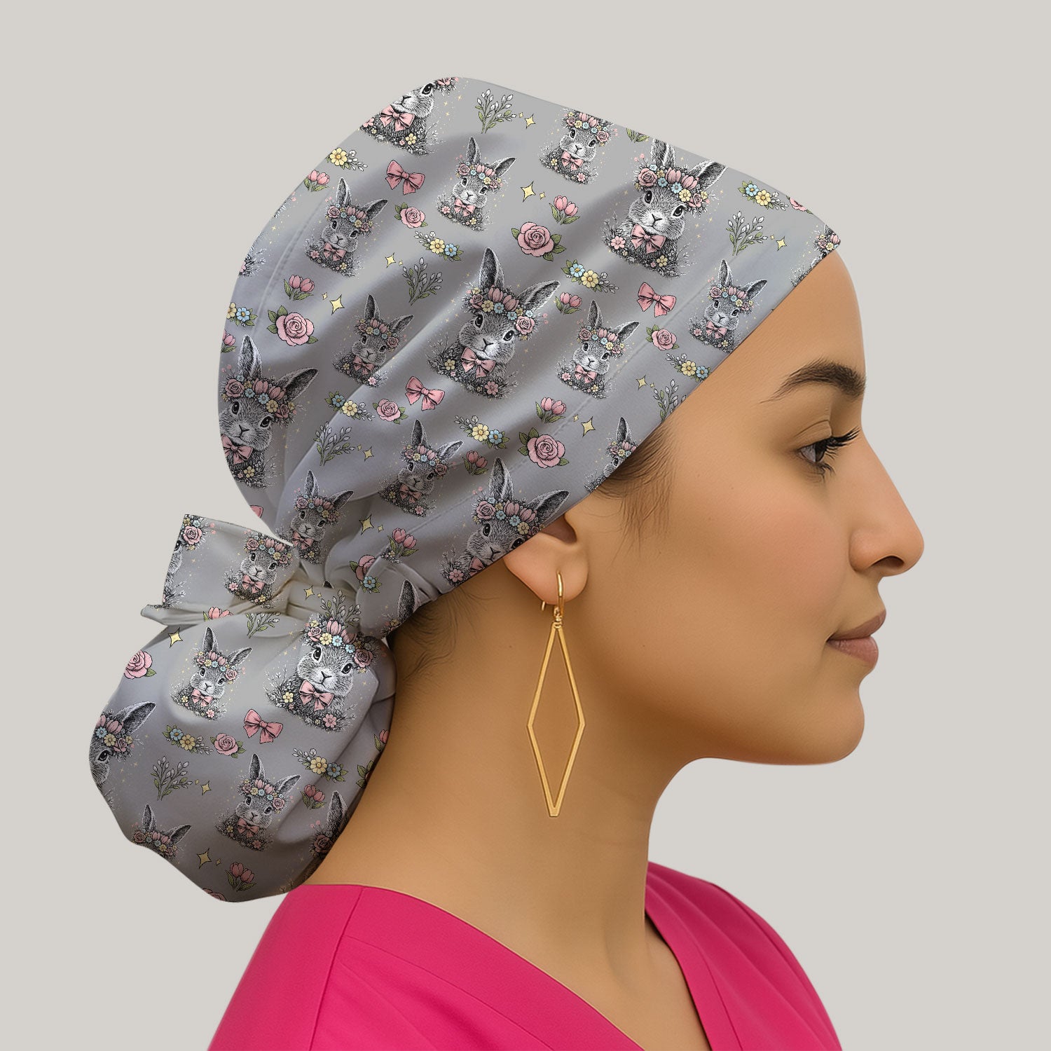Vintage Floral Bunny Print Cap, Breathable Fabrics Caps Uniform