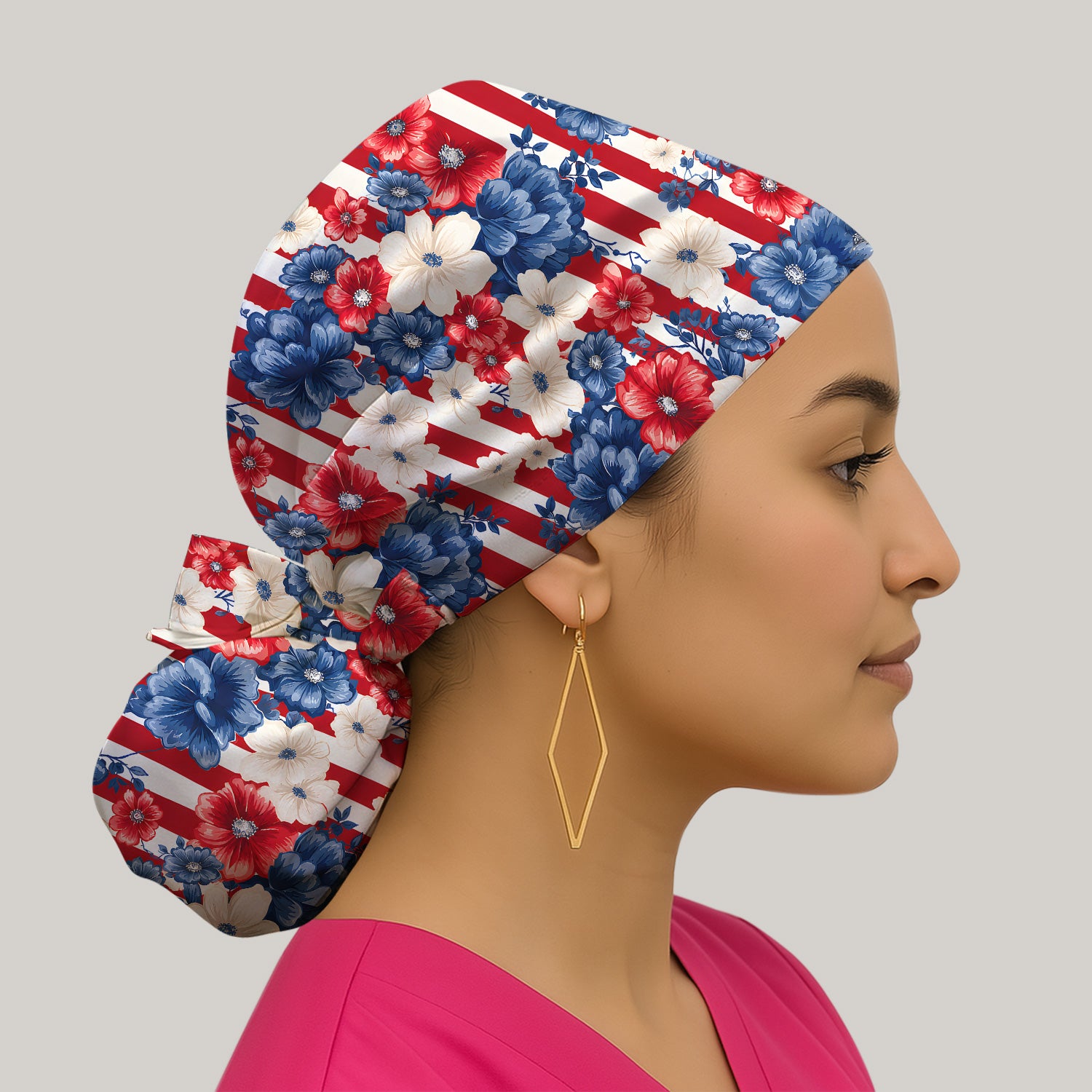 Patriotic Floral Nurse for RN & CNA, American Flag Healthcare Workers Medical Uniform Scrub Cap, Surgical Caps for Doctors