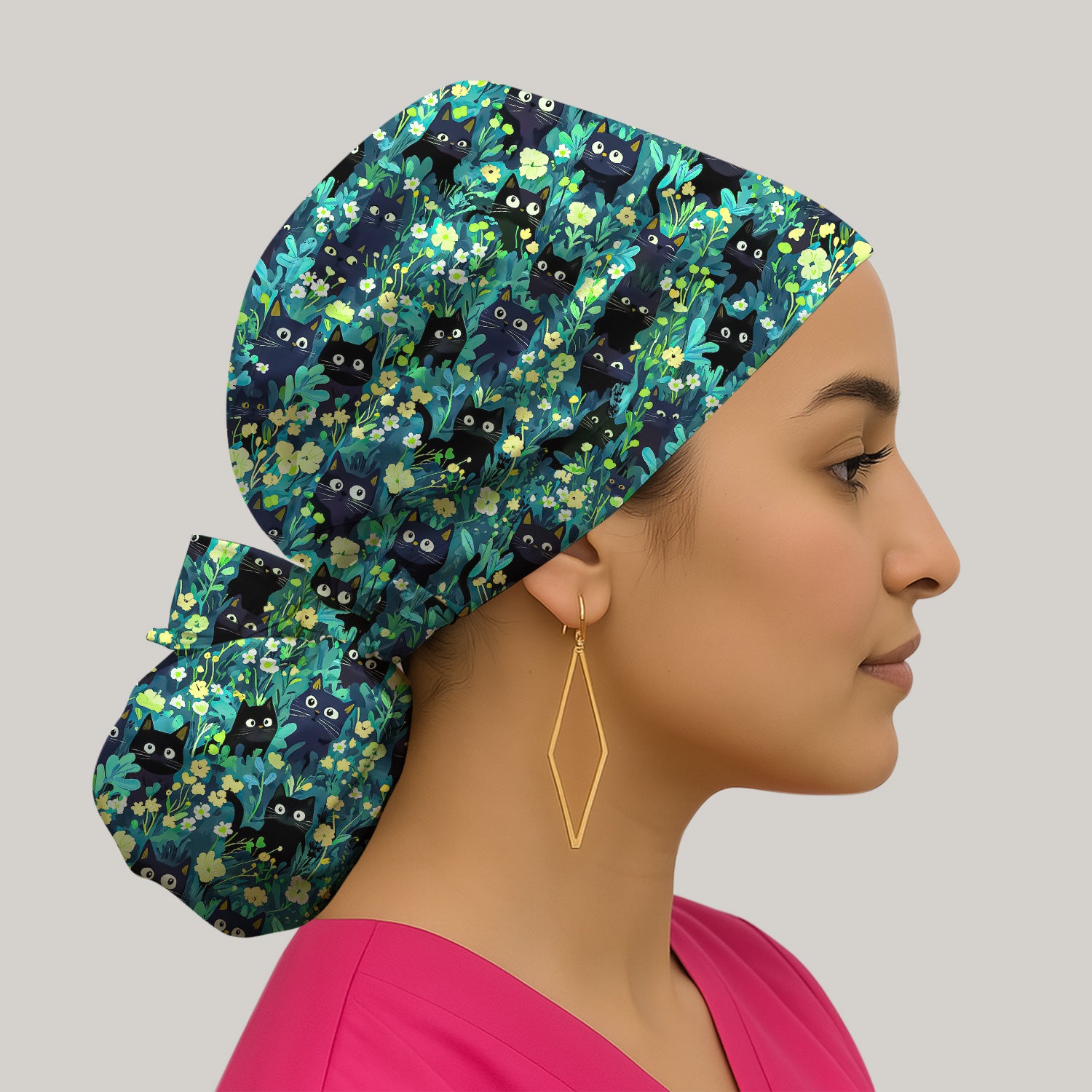 Black Cat Floral Pattern Scrub Cap, Surgical Caps for Doctors