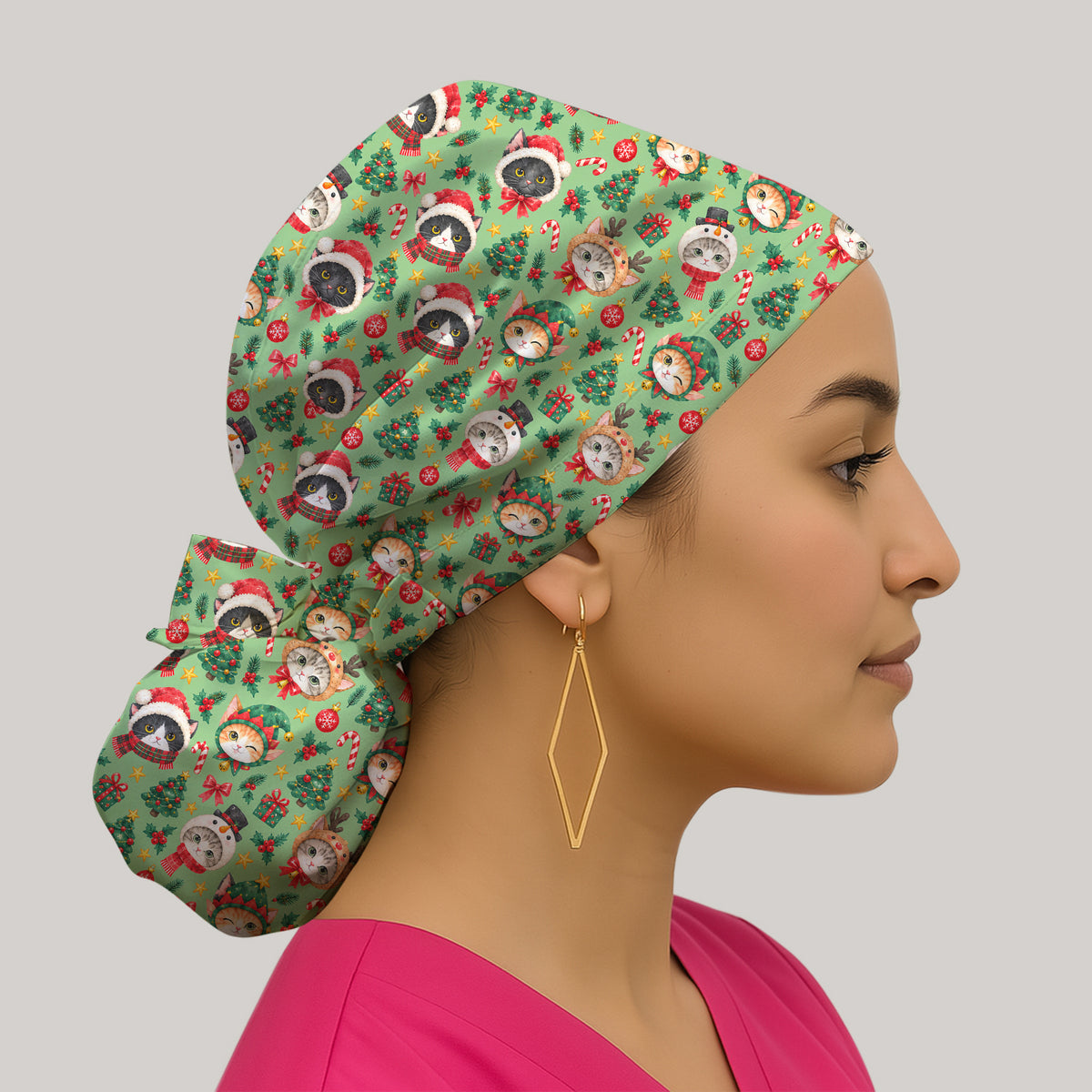 Christmas Cats And Trees Pattern Scrub Cap, Kawaii Medical Pattern Hat, Breathable Fabrics Nursing Uniform