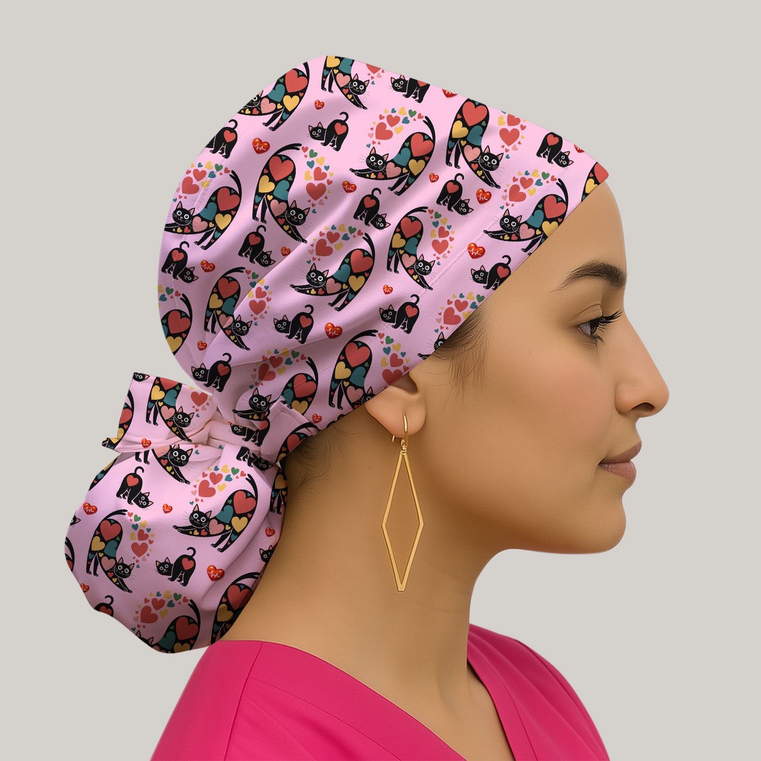 Playful Cat Valentine Heart Print Nurse Scrub Cap, Bouffant Scrub Caps for Women