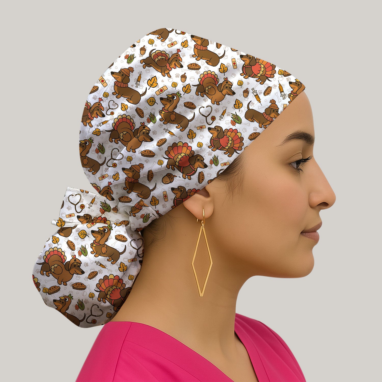 Thanksgiving Wiener Dog Bouffant Scrub Caps for Women - Funny Dachshund Turkey Holiday Nursing Gift - Breathable Fabrics Caps