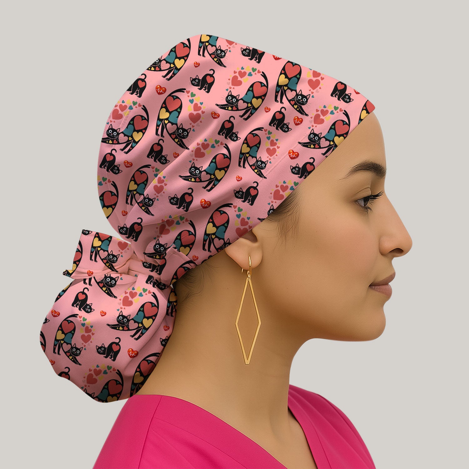 Playful Cat Valentine Heart Print Nurse Scrub Cap, Bouffant Scrub Caps for Women