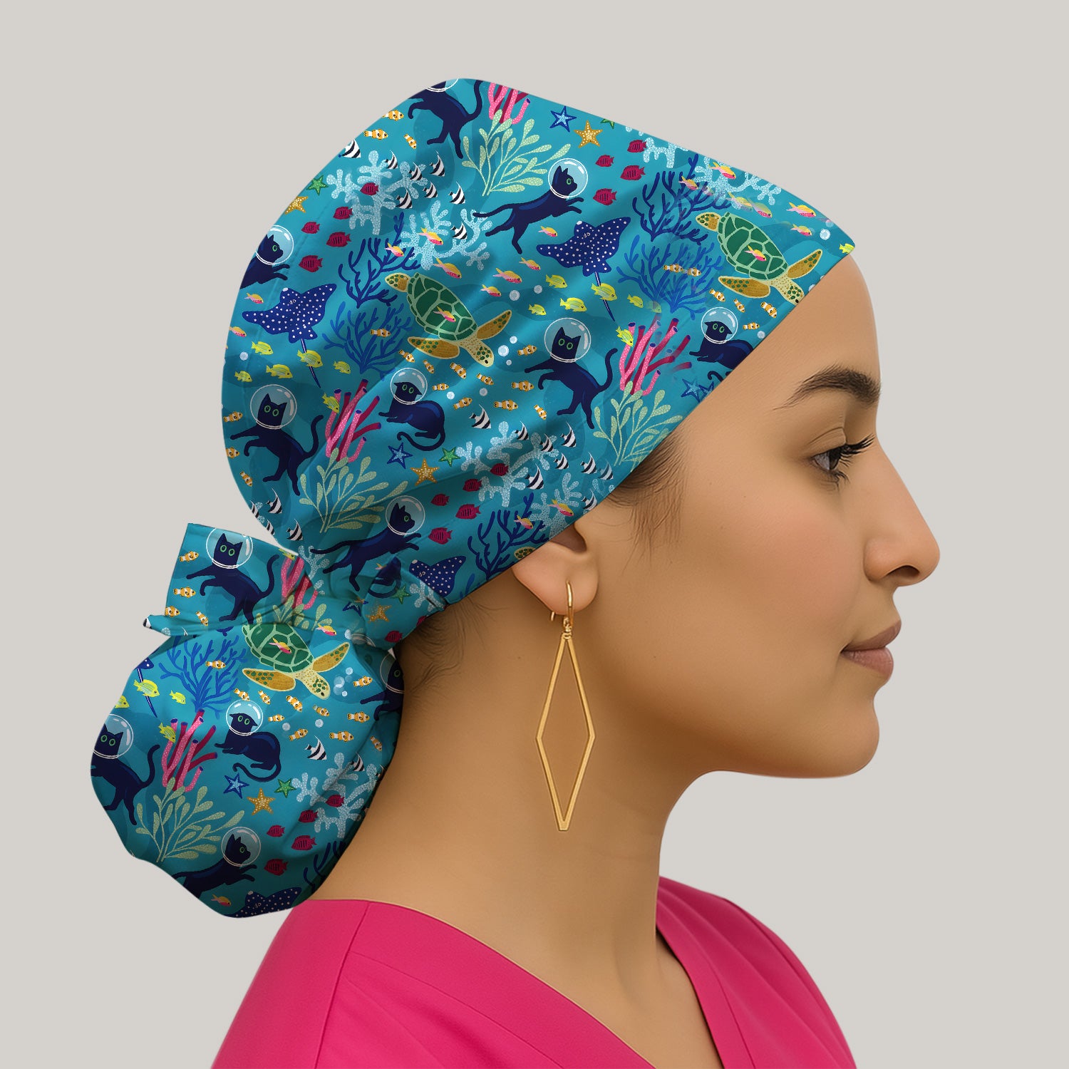 Underwater Cat Turtle Veterinary Pattern Scrub Cap, Surgical Caps for Doctors