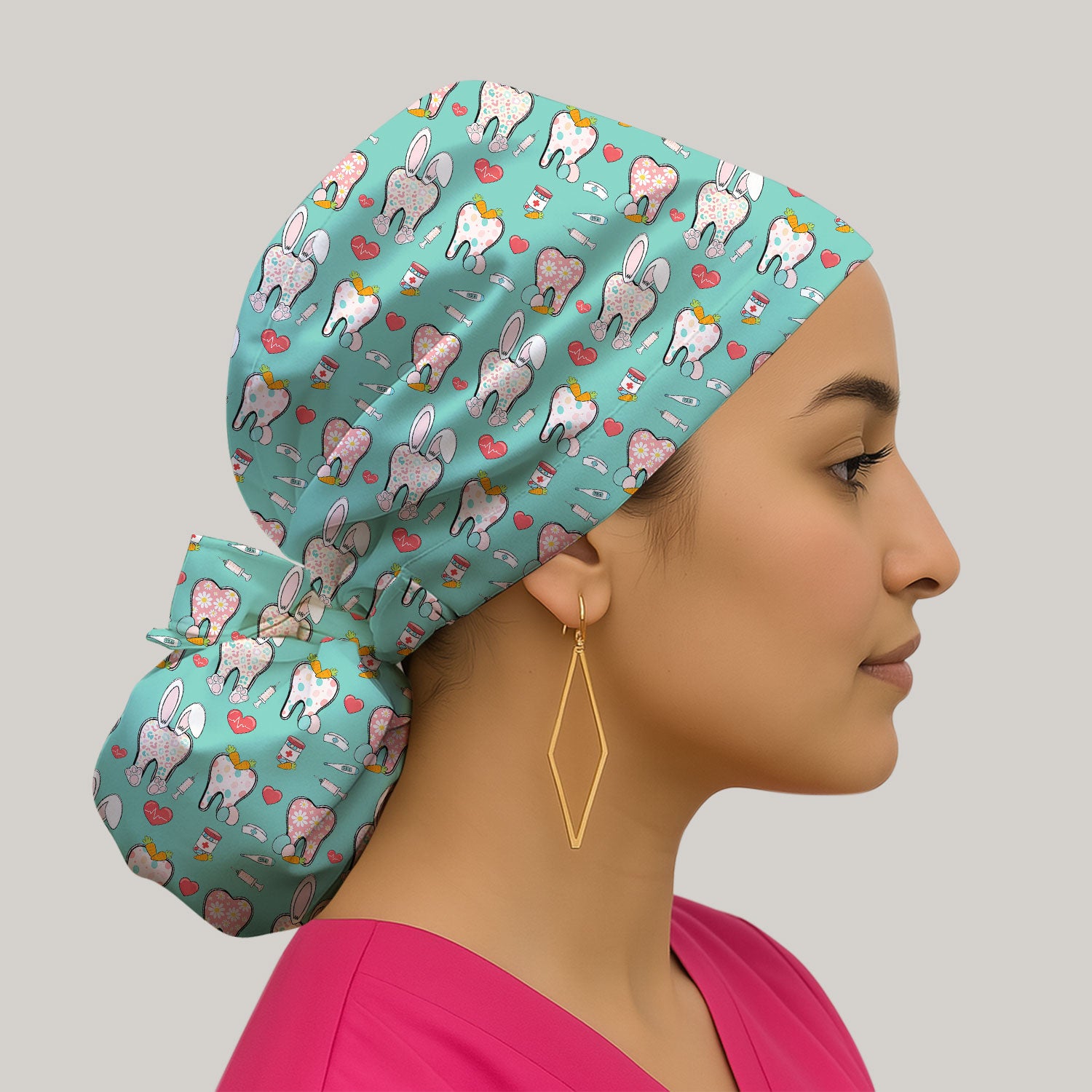 Playful Bunny Dentist Illustration Medical Cap, Bouffant Scrub Caps for Women