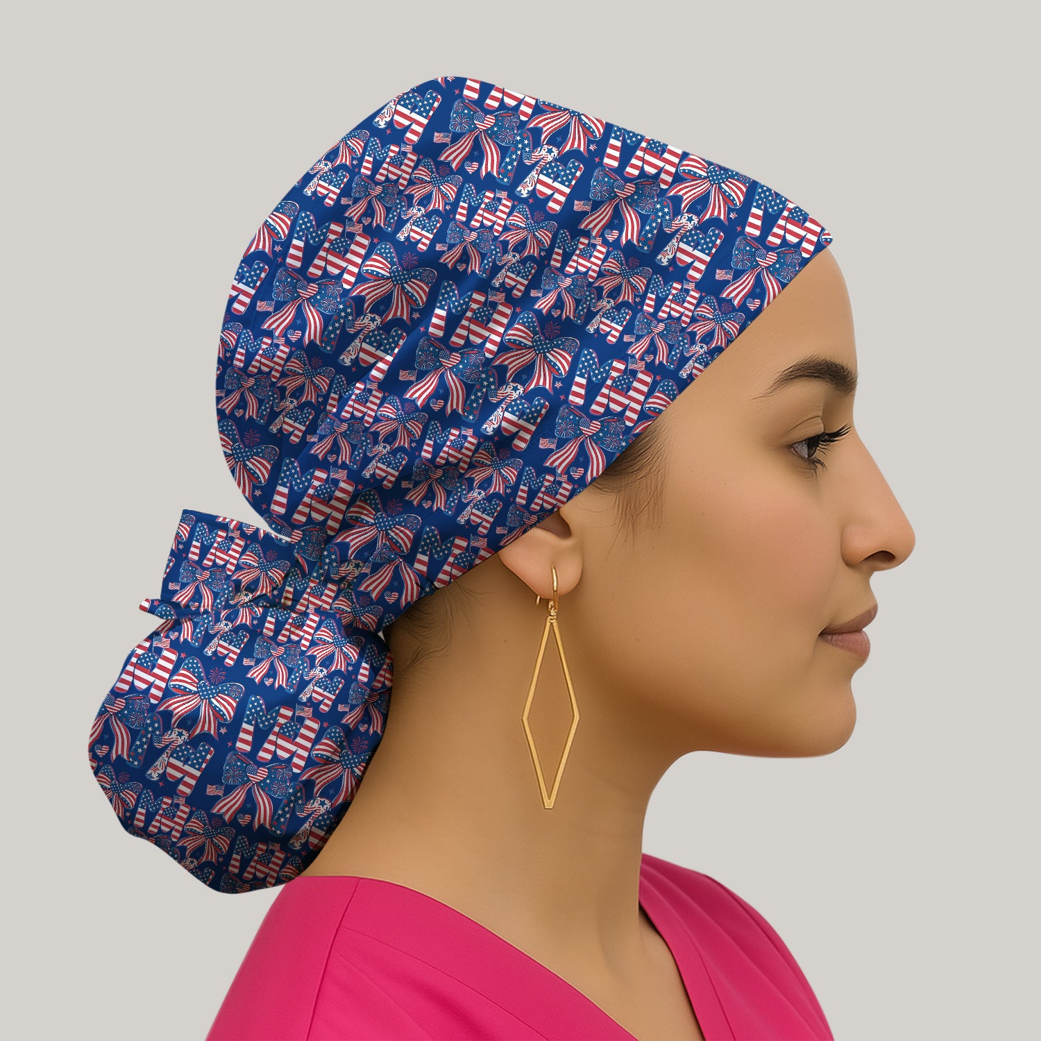 American Flag MaMa Bow Pattern Scrub Cap, Surgical Caps for Doctors