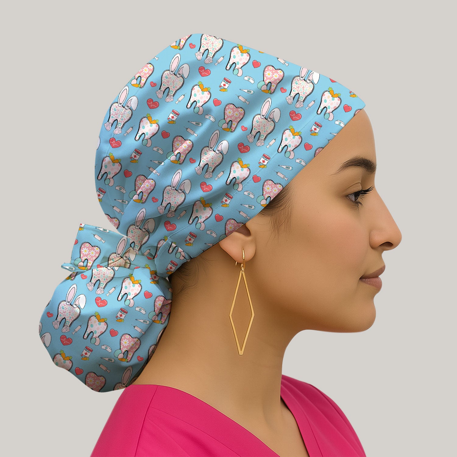 Playful Bunny Dentist Illustration Medical Cap, Bouffant Scrub Caps for Women