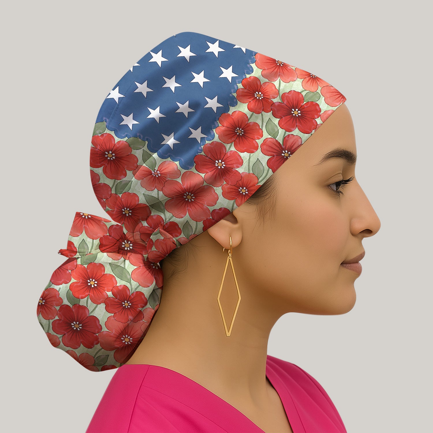 Patriotic USA Flag With Red Floral Blossom Pattern Scrub Cap, Surgical Caps for Doctors