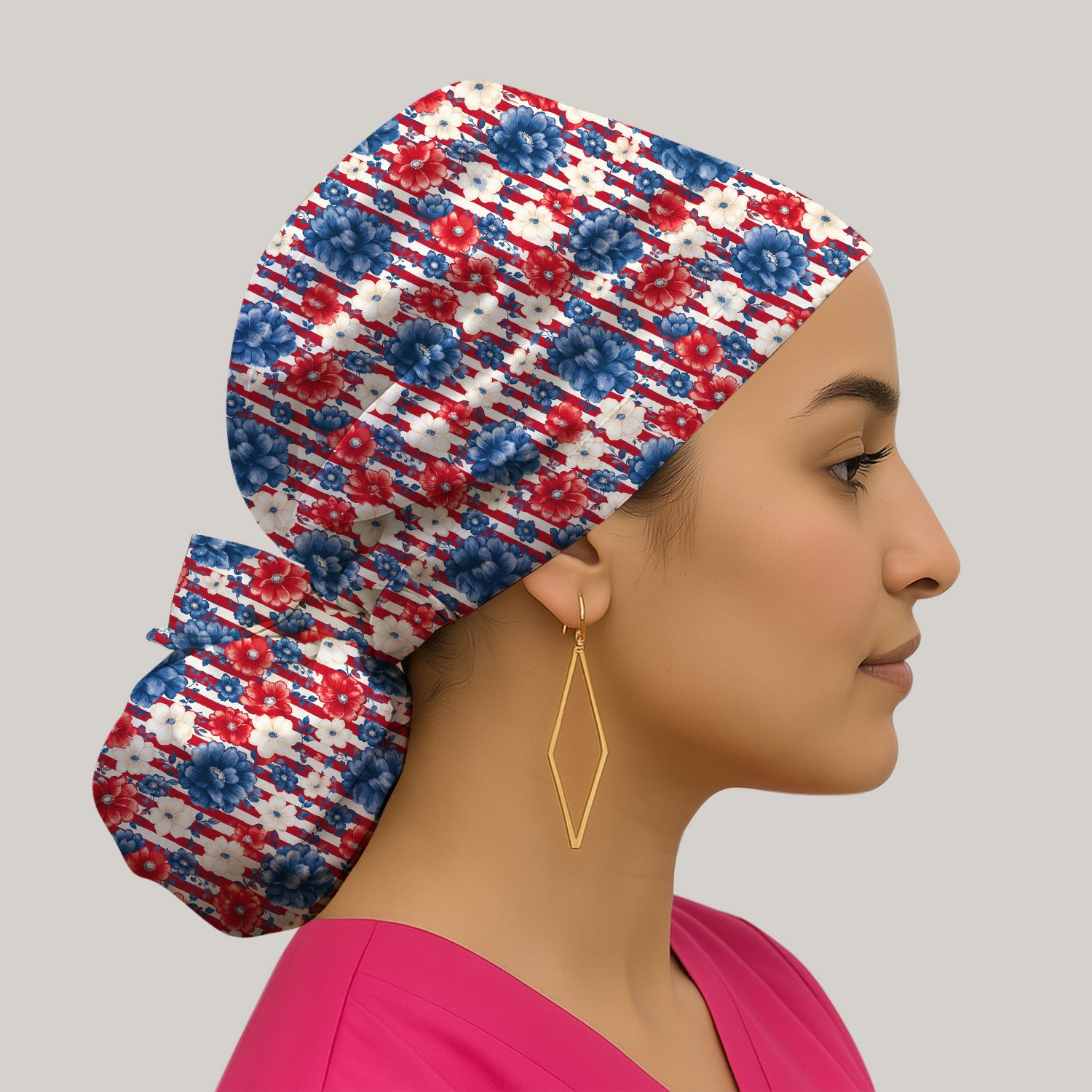 Patriotic Nurse Floral Stripe Pattern Scrub Cap, Surgical Caps for Doctors
