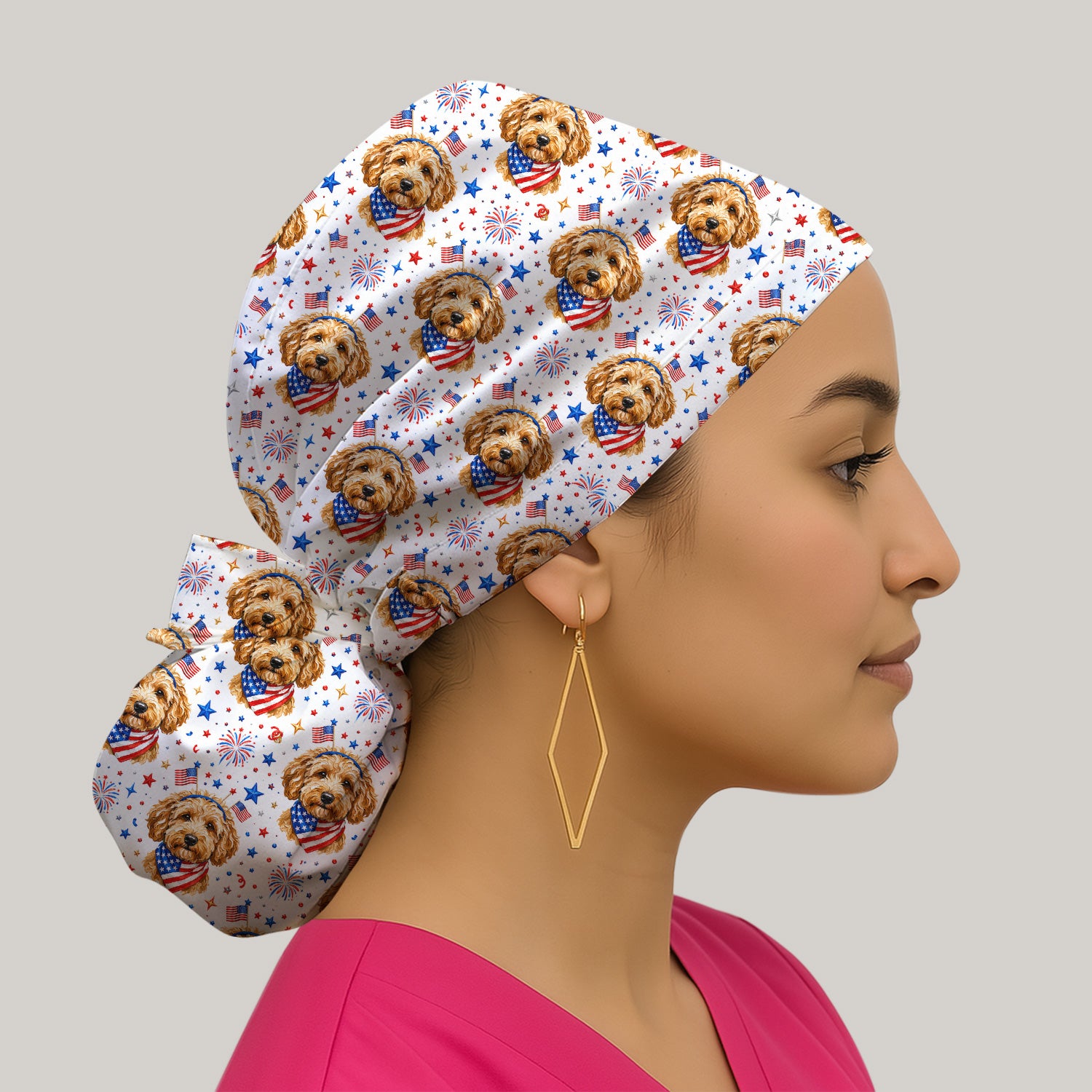 Patriotic Goldendoodle Nurse Pattern Scrub Cap, Surgical Caps for Doctors