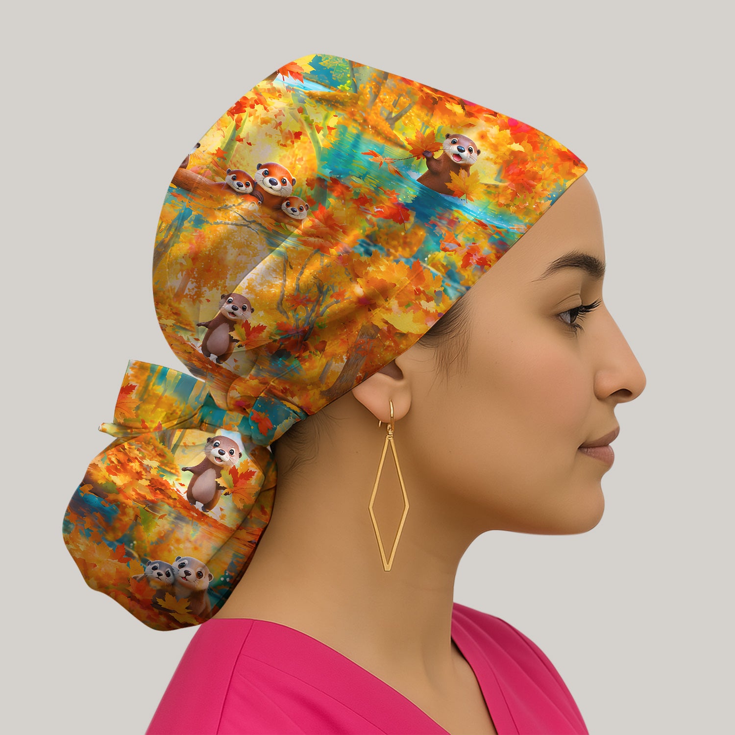 Cute Autumn Otter Leaf Forest Pattern Scrub Cap, Surgical Caps for Doctors