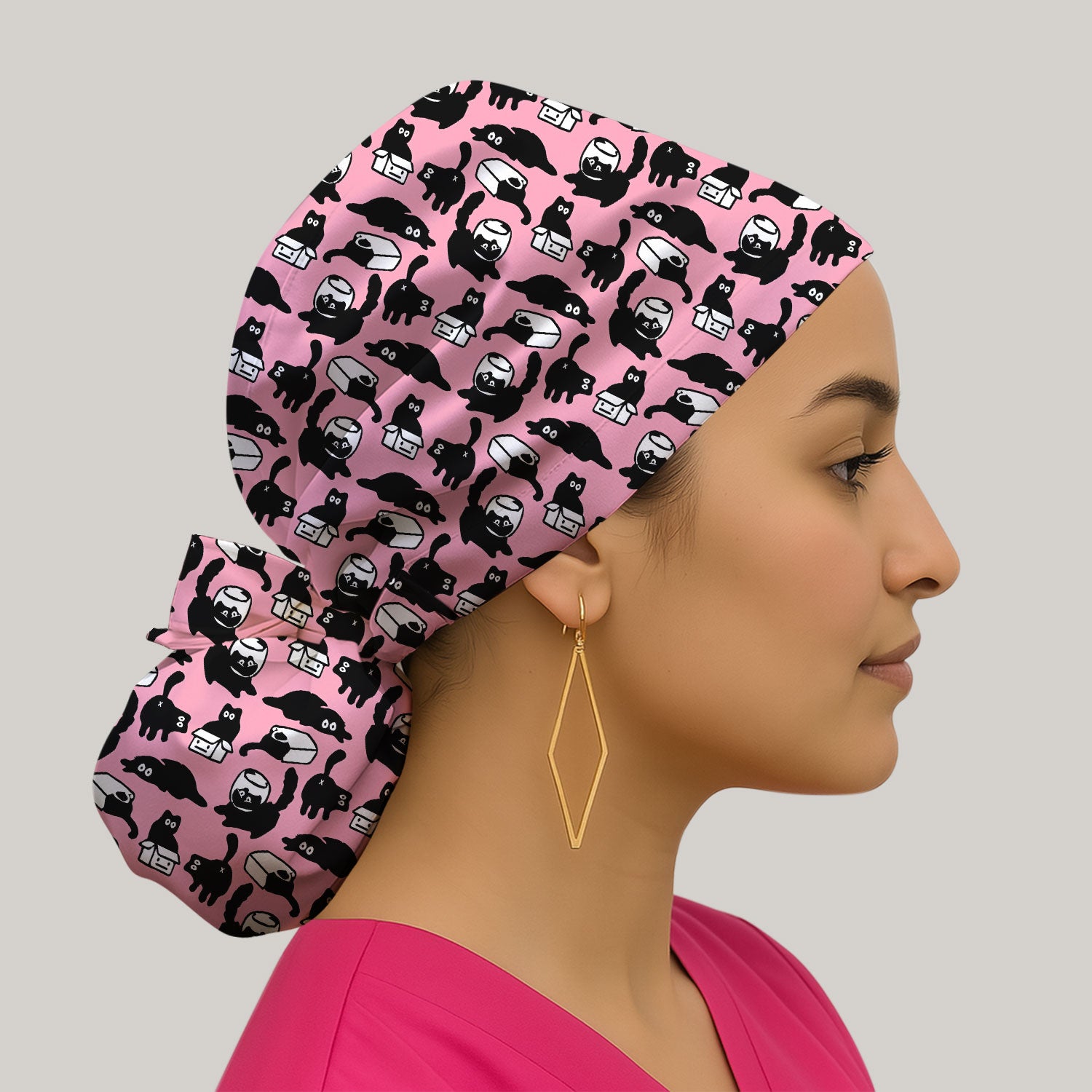 Dark Playful Cat Cartoon Pattern Cap, Bouffant Scrub Caps for Women
