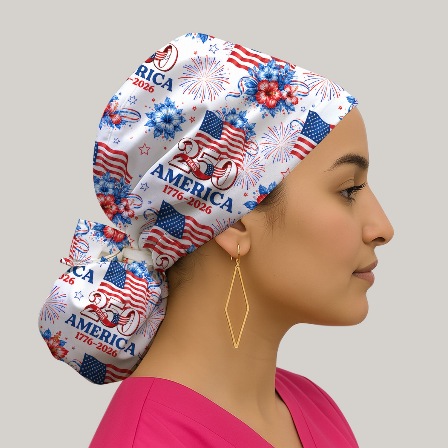 America 250 with Flag Firework Pattern Scrub Cap, Surgical Caps for Doctors