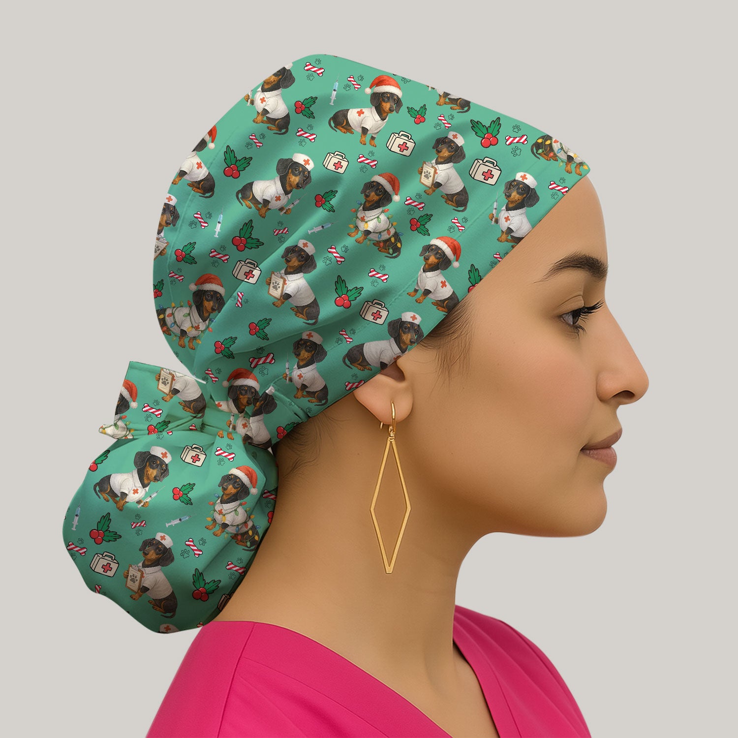 Custom Christmas Nurse Scrub Cap - Dachshund Dog Surgical Hat Multi Color - Funny Holiday Bouffant Cap for Women Nurses