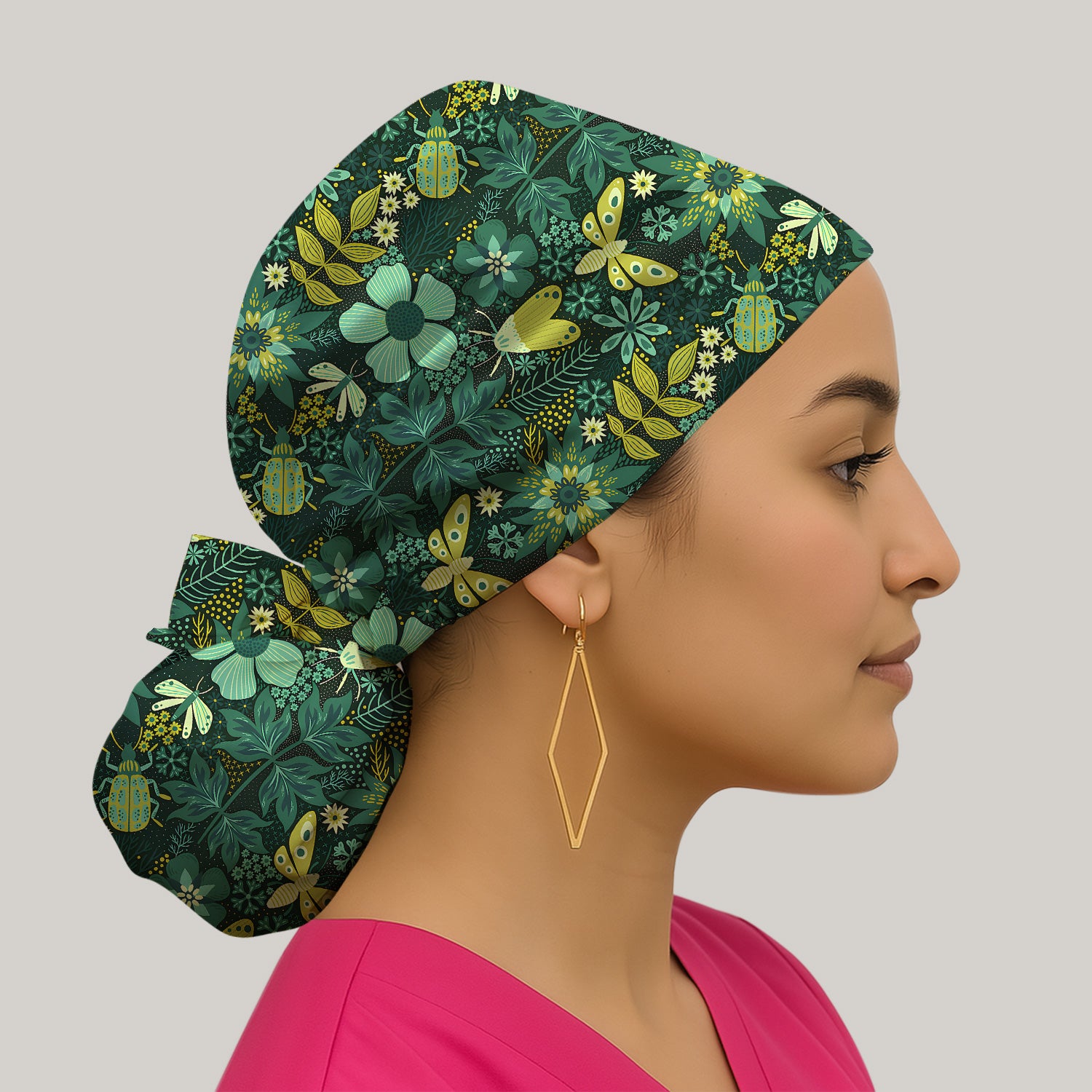 Green Botanical Butterfly Pattern Scrub Cap, Surgical Caps for Doctors