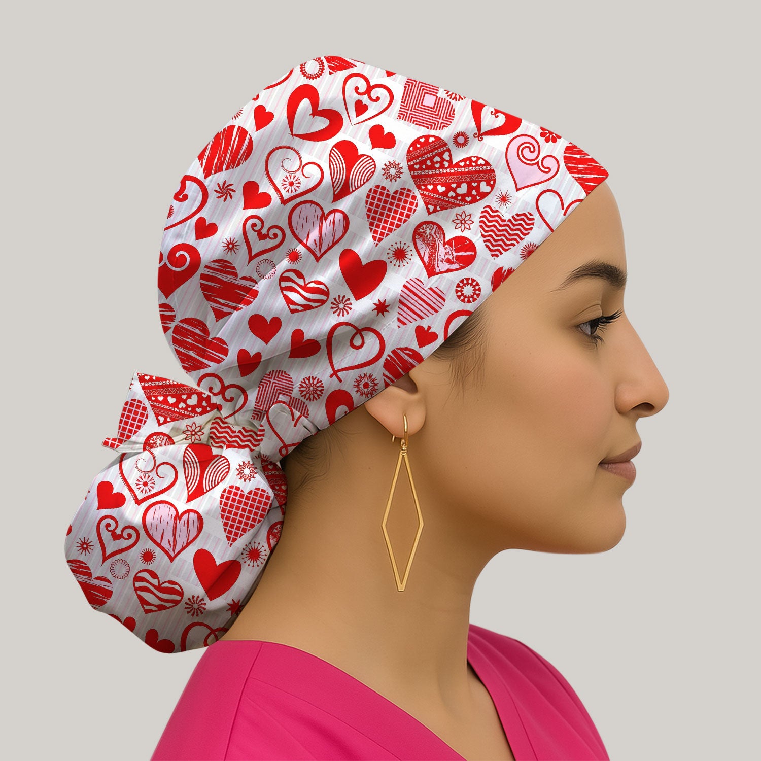 Hearts Scrub Cap For Nursing, Valentine Heart Pattern Nurse Hat, Comfortable Scrubs For Nurses