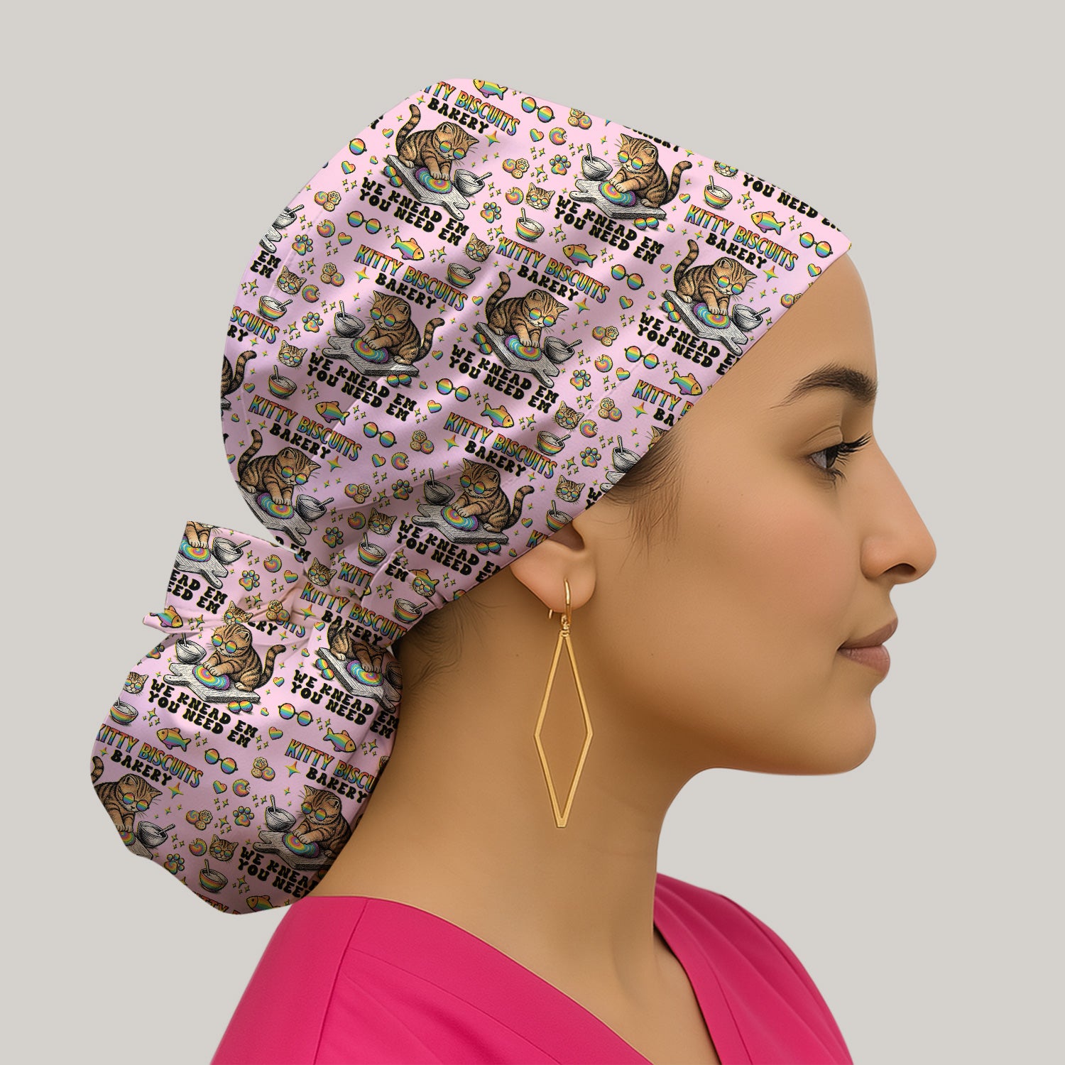 Pride Nurse Cat Baking Rainbow Dough Pattern Cap, Bouffant Scrub Caps for Women