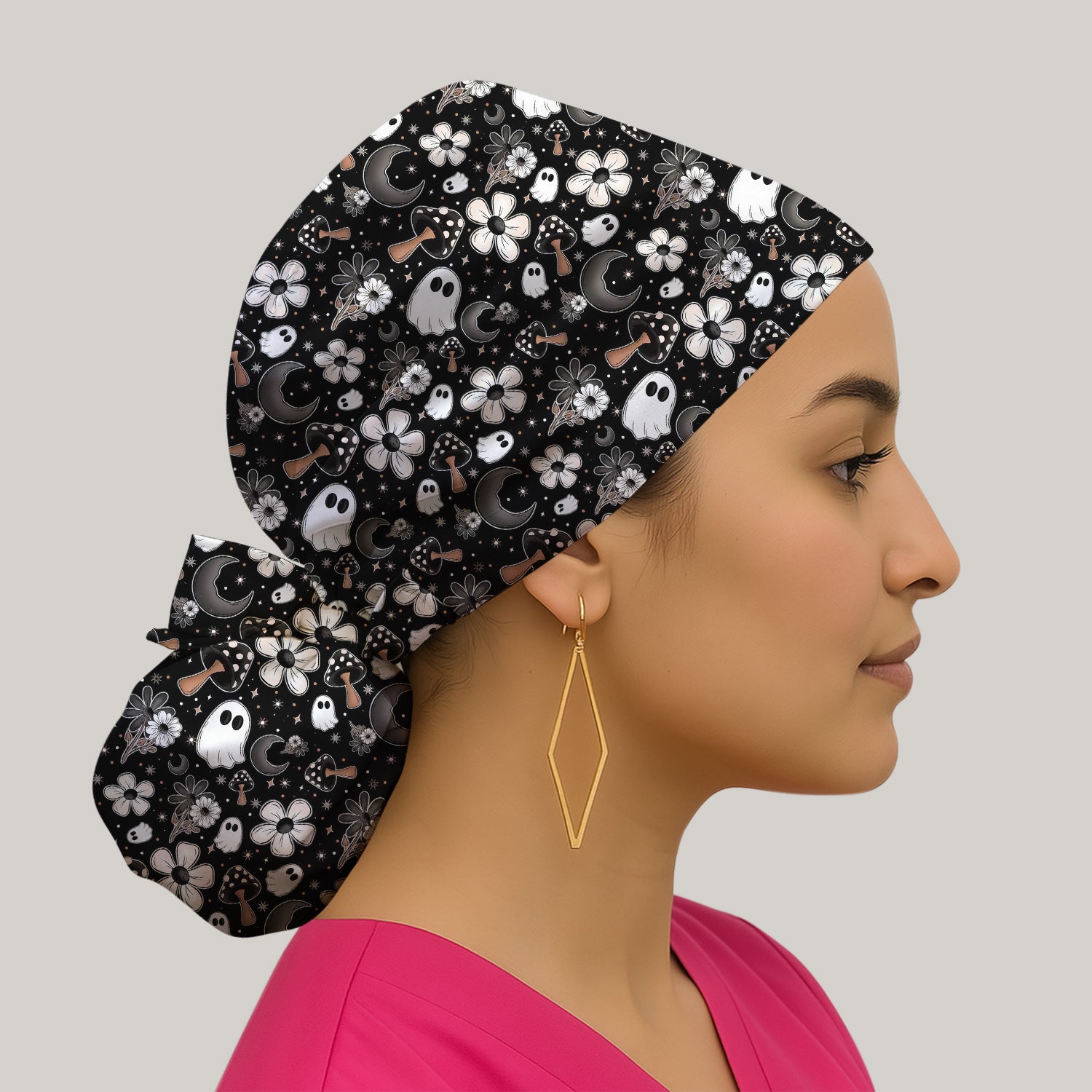 Floral Mushroom Ghost Pattern Scrub Cap, Surgical Caps for Doctors