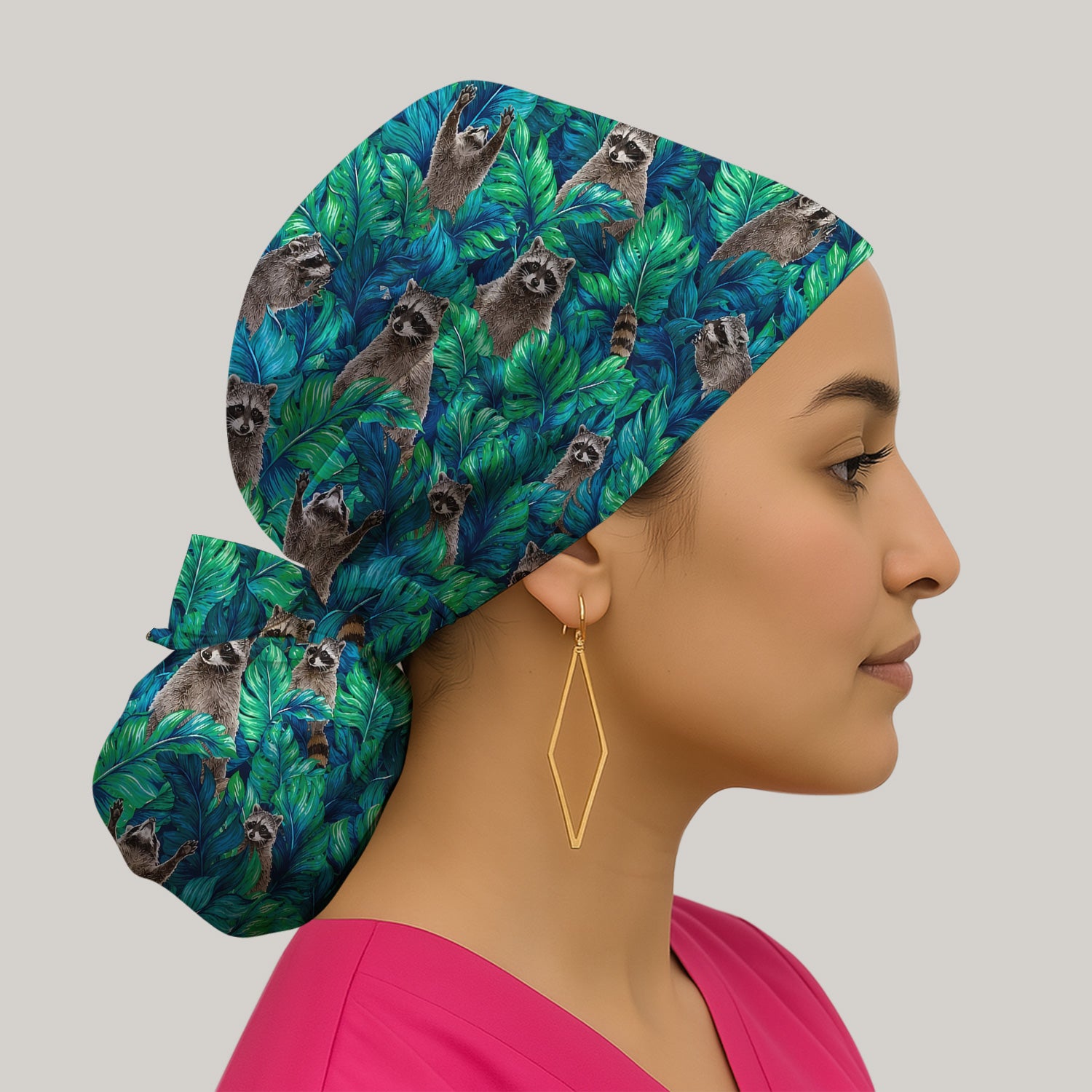 Tropical Raccoon Jungle Leaves Pattern Scrub Cap, Surgical Caps for Doctors