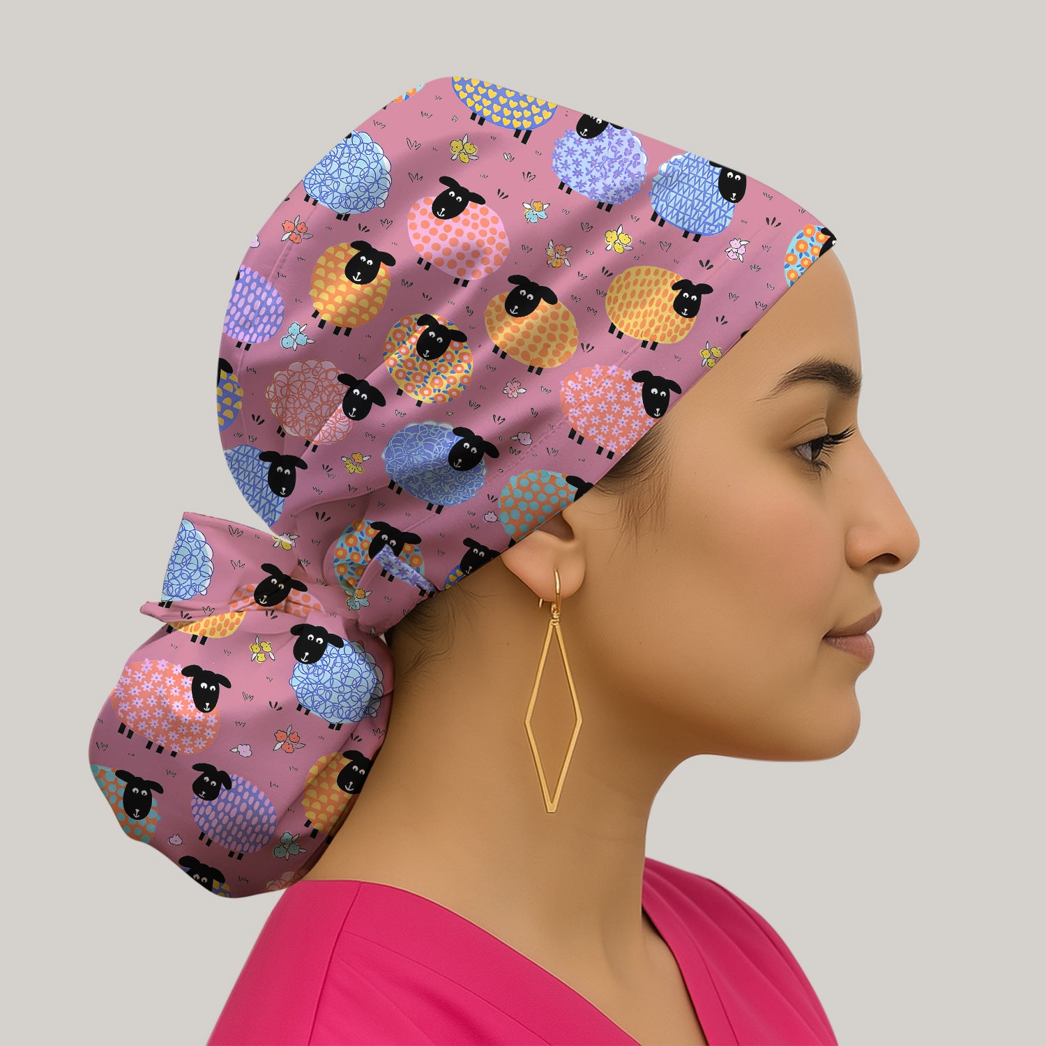 Funny Colorful Sheep Pattern Cap, Bouffant Scrub Caps for Women
