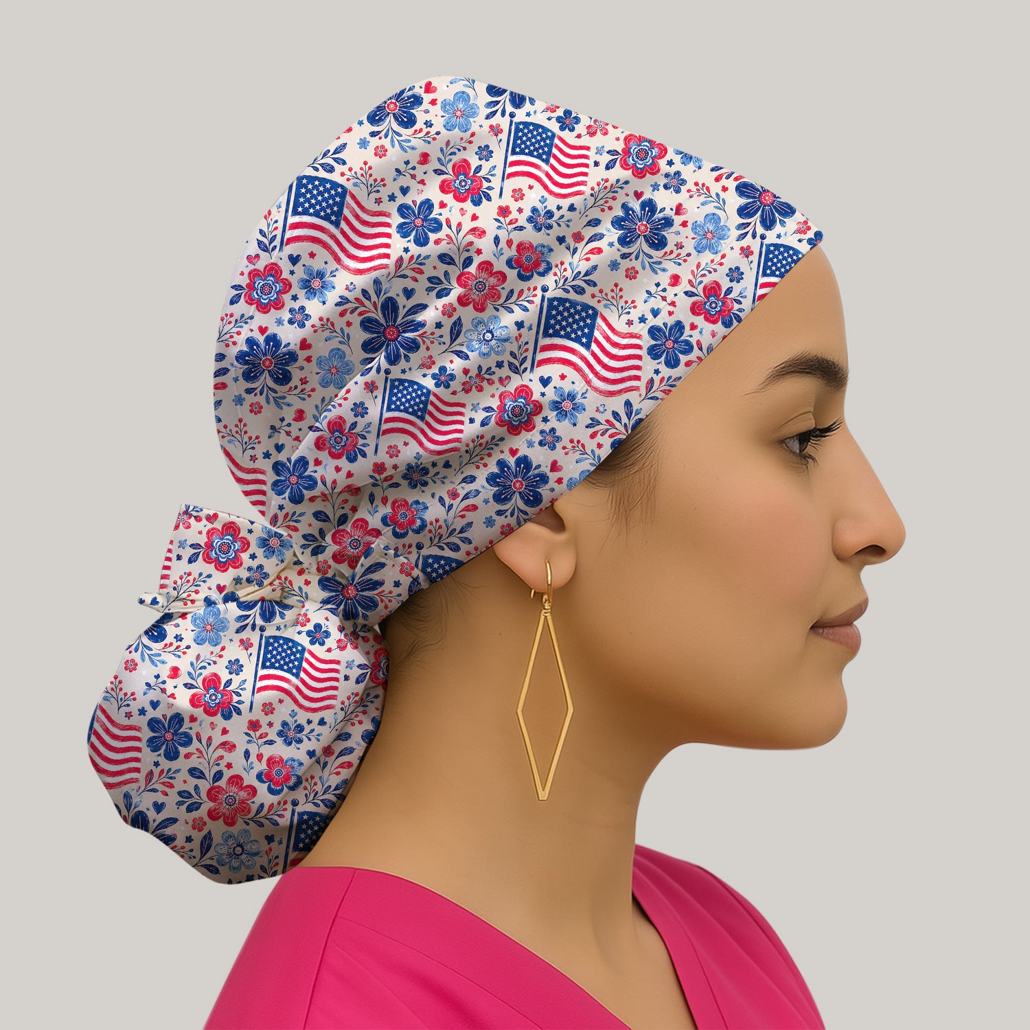 Patriotic Flag Floral Nurse Pattern Scrub Cap, Surgical Caps for Doctors