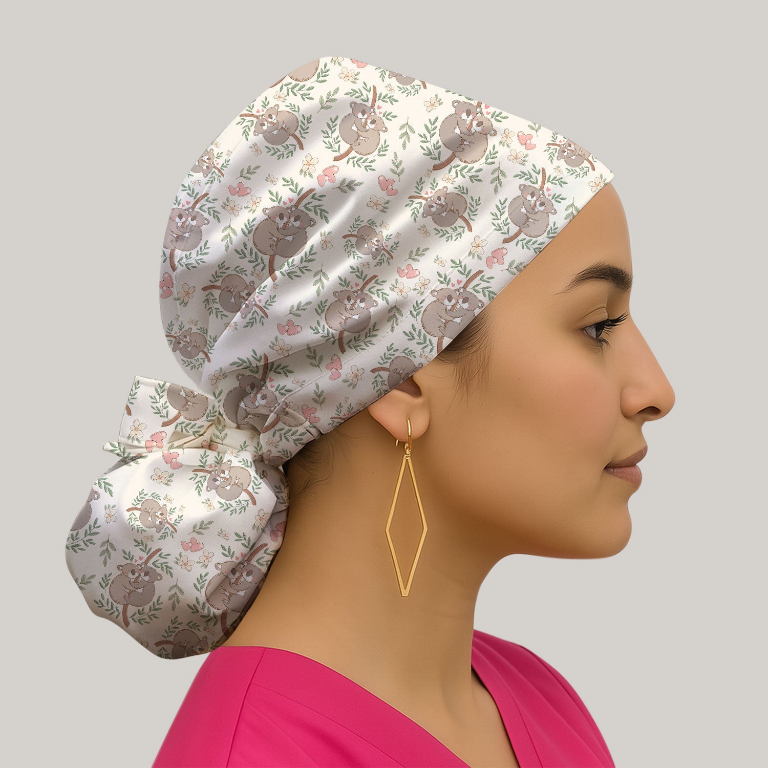 Cute Koala Love Floral Scrub Cap Pattern,  Bouffant Scrub Caps for Women